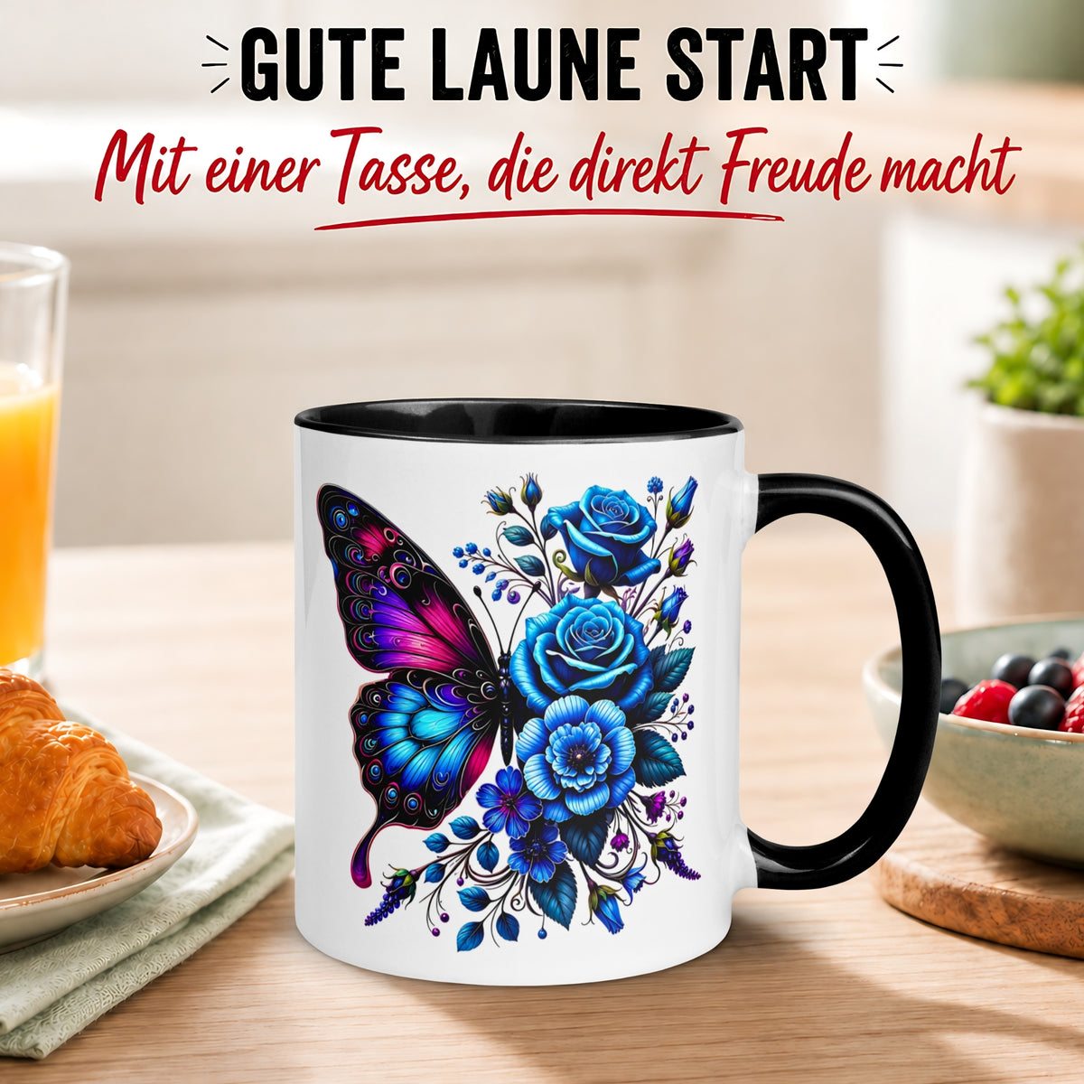 Tasse Schmetterling – „Blaues Blütendesign“ – Geschenk mit Schmetterlingen