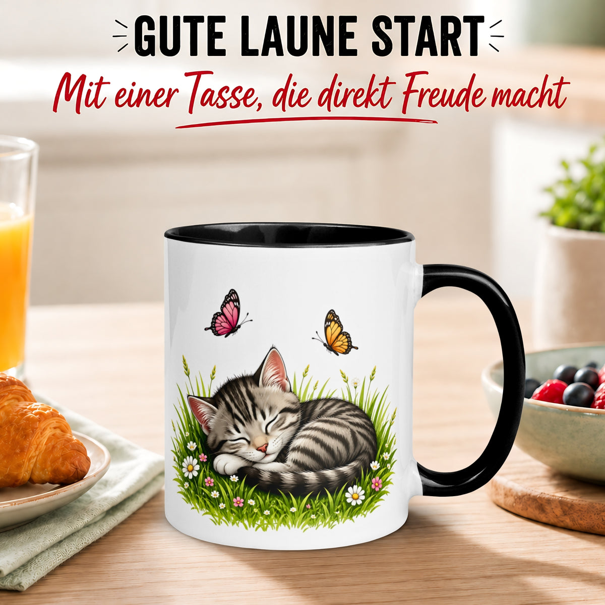 Tasse Katze – „Schlafende Katze mit Schmetterlingen“ – lustiger Katzen Geschenk Becher