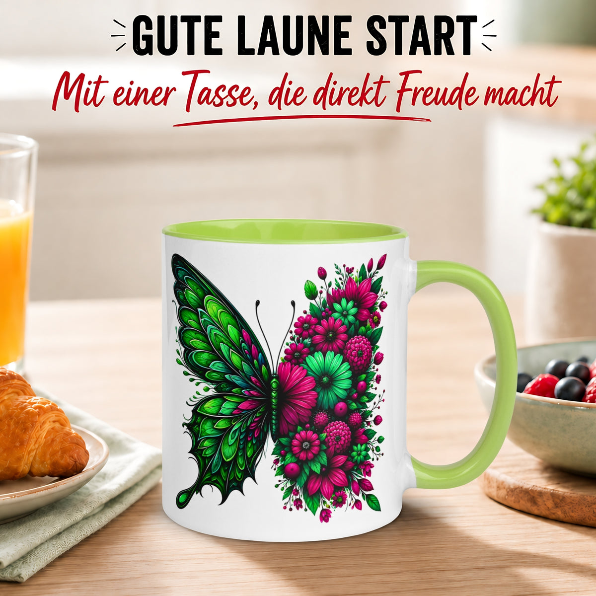 Tasse Schmetterling – „Blütendesign in Smaragdgrün“ – Geschenk mit Schmetterlingen