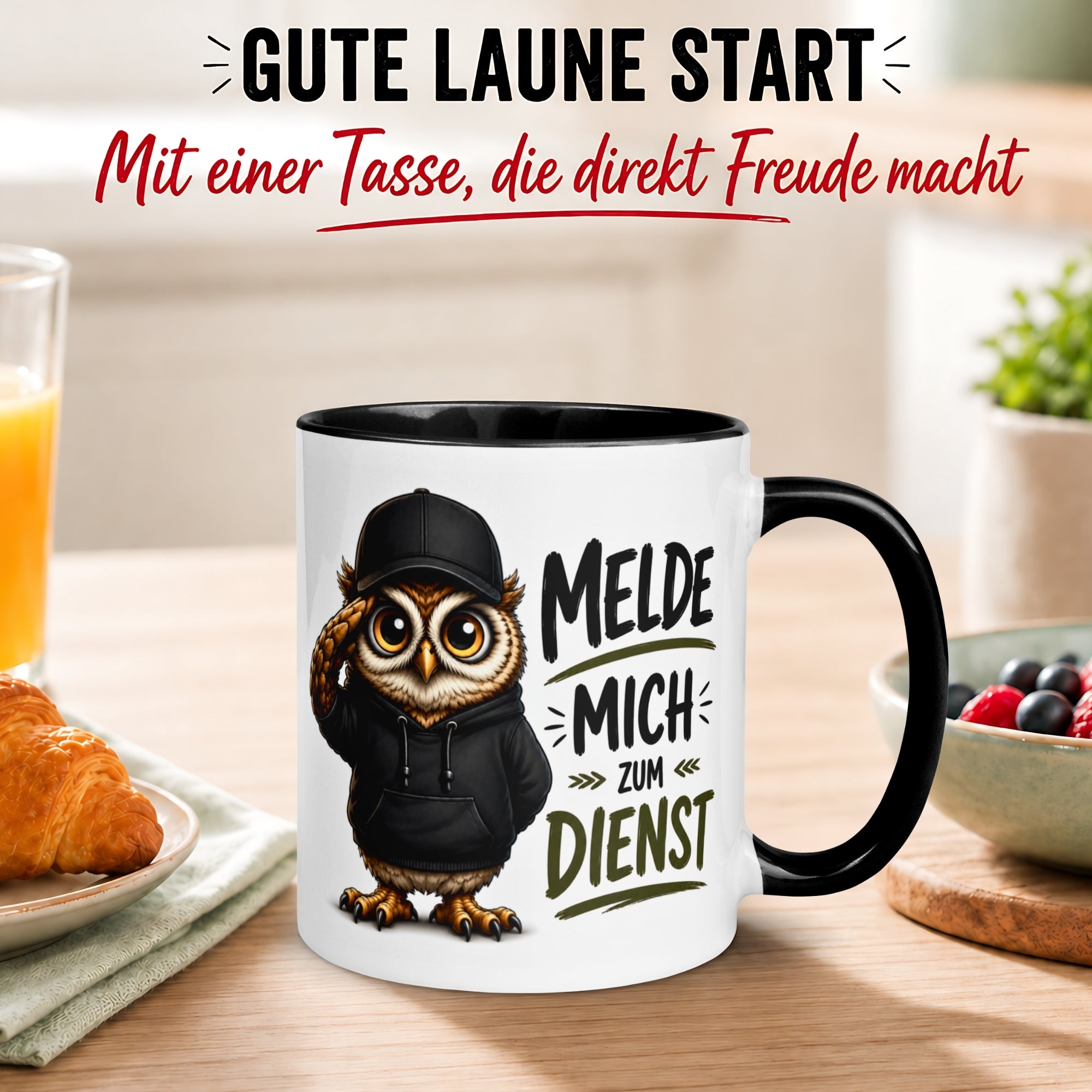 Tasse Eule – „Melde mich zum Dienst“ – lustiger Eulen Geschenk Becher für Morgenmuffel