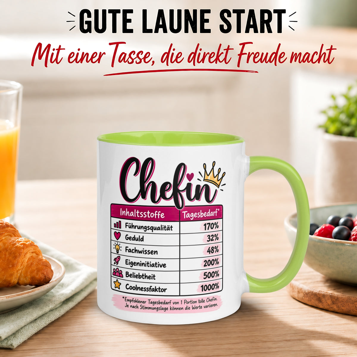 Tasse Chefin – „Inhaltsstoffe - Führungsqualität und Coolness“ – Geschenk Beste Chefin