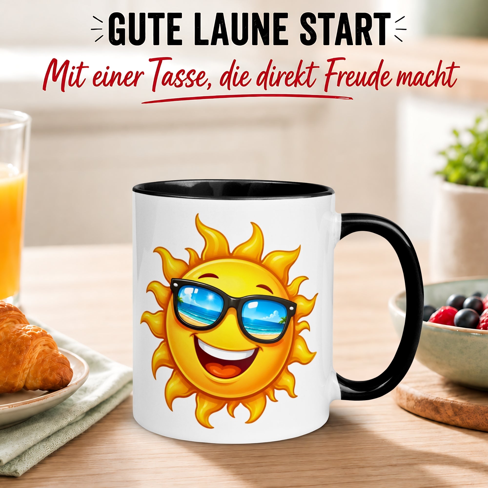 Tasse Guten Morgen – „Strahlende Sonne mit Sonnenbrille“ – Morgenmuffel Geschenk
