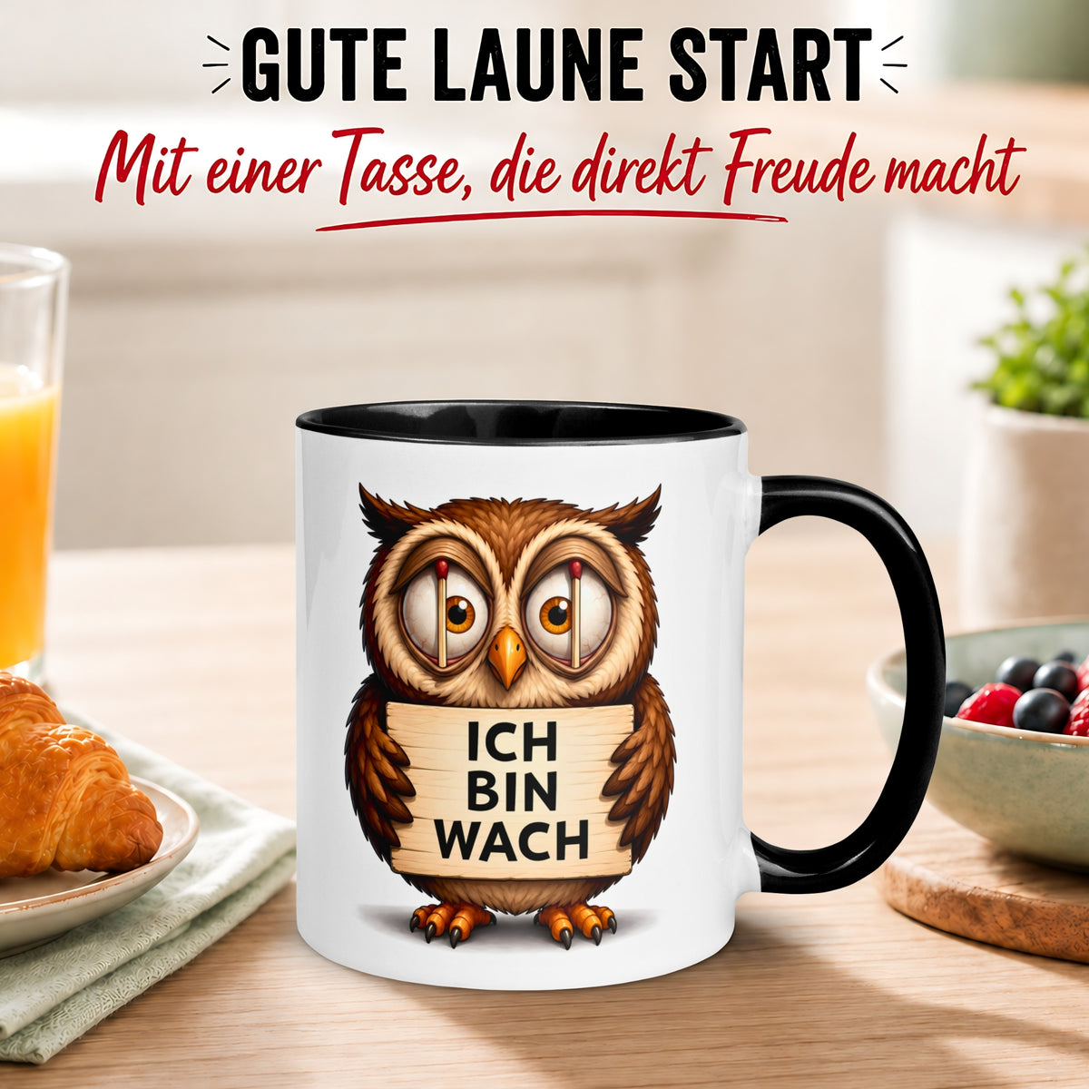Tasse Eule – „Ich bin wach“ – lustiger Eulen Geschenk Becher für Morgenmuffel
