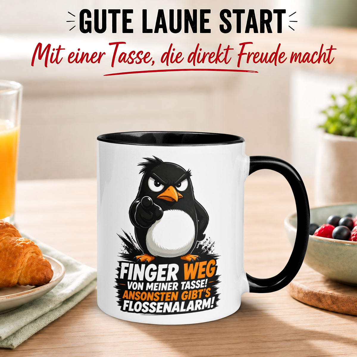 Tasse Pinguin – „Finger weg - Ansonsten Flossenalarm“ – lustiges Morgenmuffel Geschenk