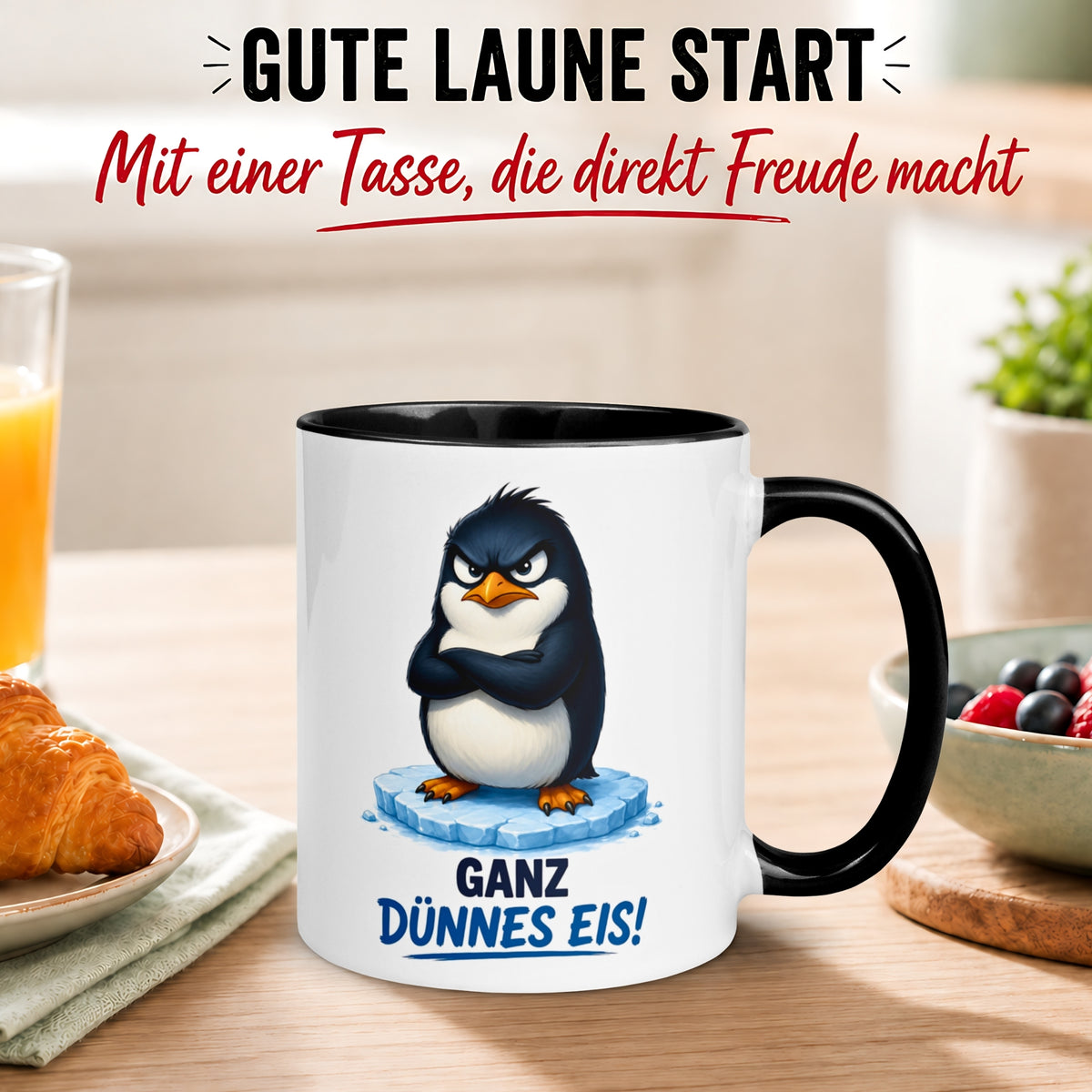 Tasse Pinguin – „Ganz dünnes Eis“ – lustiger Geschenk Becher für Morgenmuffel