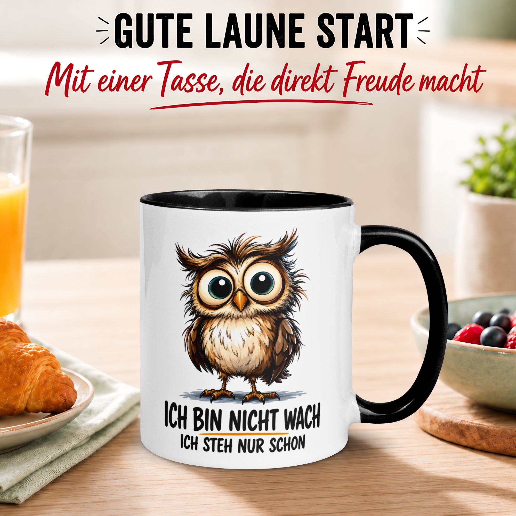 Tasse Eule – „Ich bin nicht wach“ – lustiger Eulen Geschenk Becher für Morgenmuffel