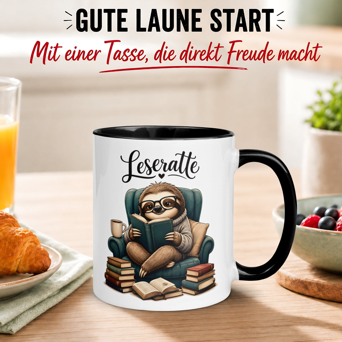 Tasse Faultier – „Sessel und Buch“ – lustiger Geschenk Becher für Leseratten