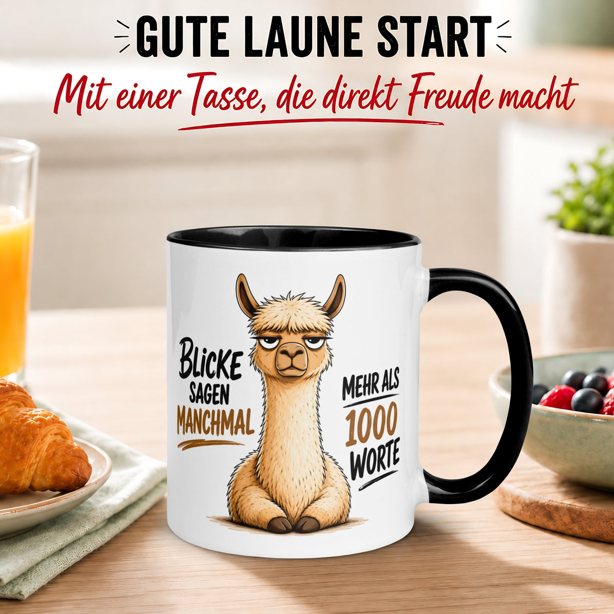 Tasse Alpaka – „Blicke sagen manchmal mehr als 1000 Worte“ – lustiger Geschenk Becher für Morgenmuffel