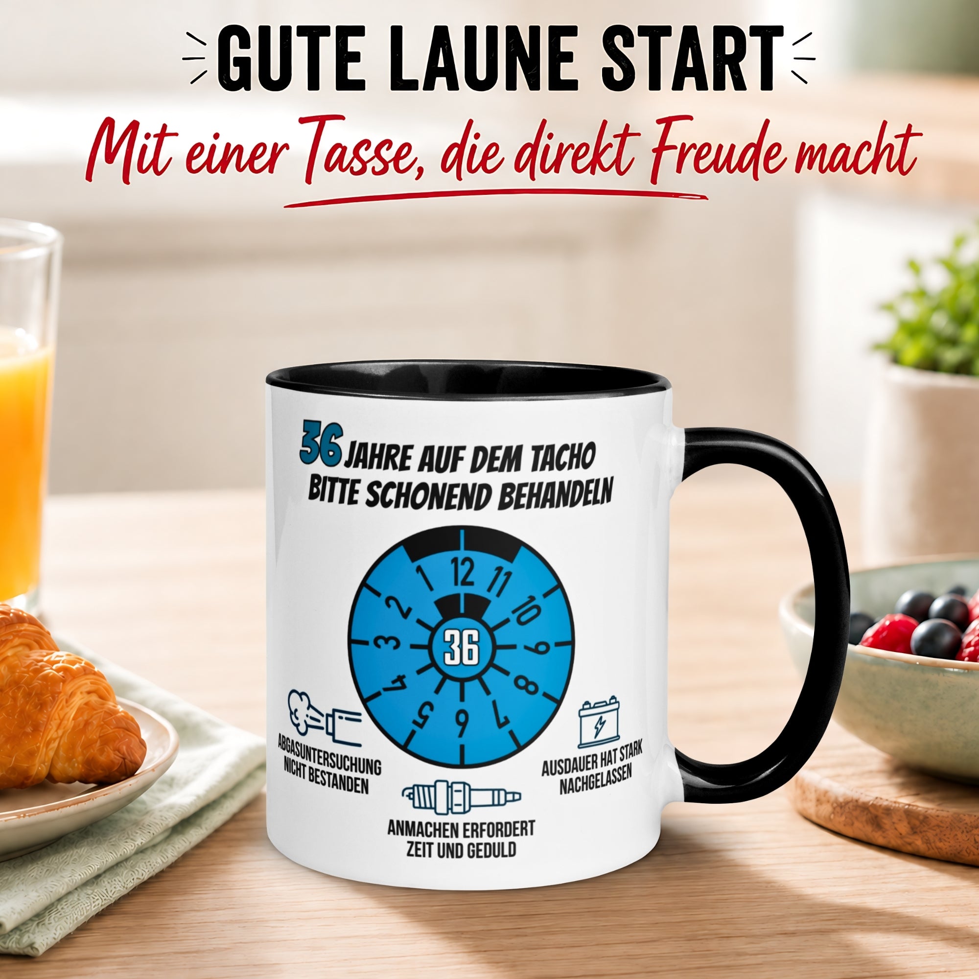 Tasse 36. Geburtstag Mann – „36 Jahre auf dem Tacho - Schonend Behandeln“ – Geschenk zum Geburtstag für Männer