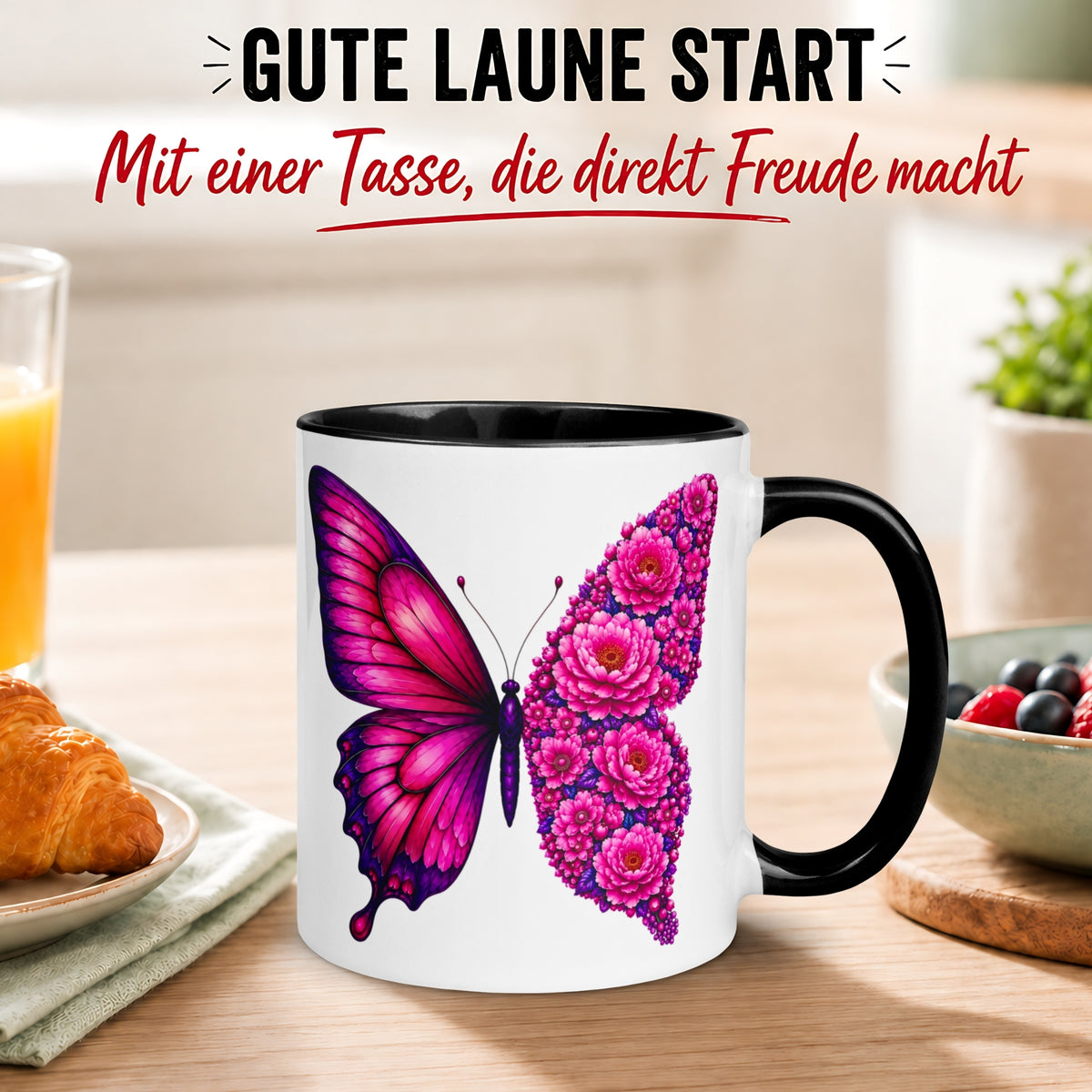 Tasse Schmetterling – „Pinkes Blütendesign“ – Geschenk mit Schmetterlingen