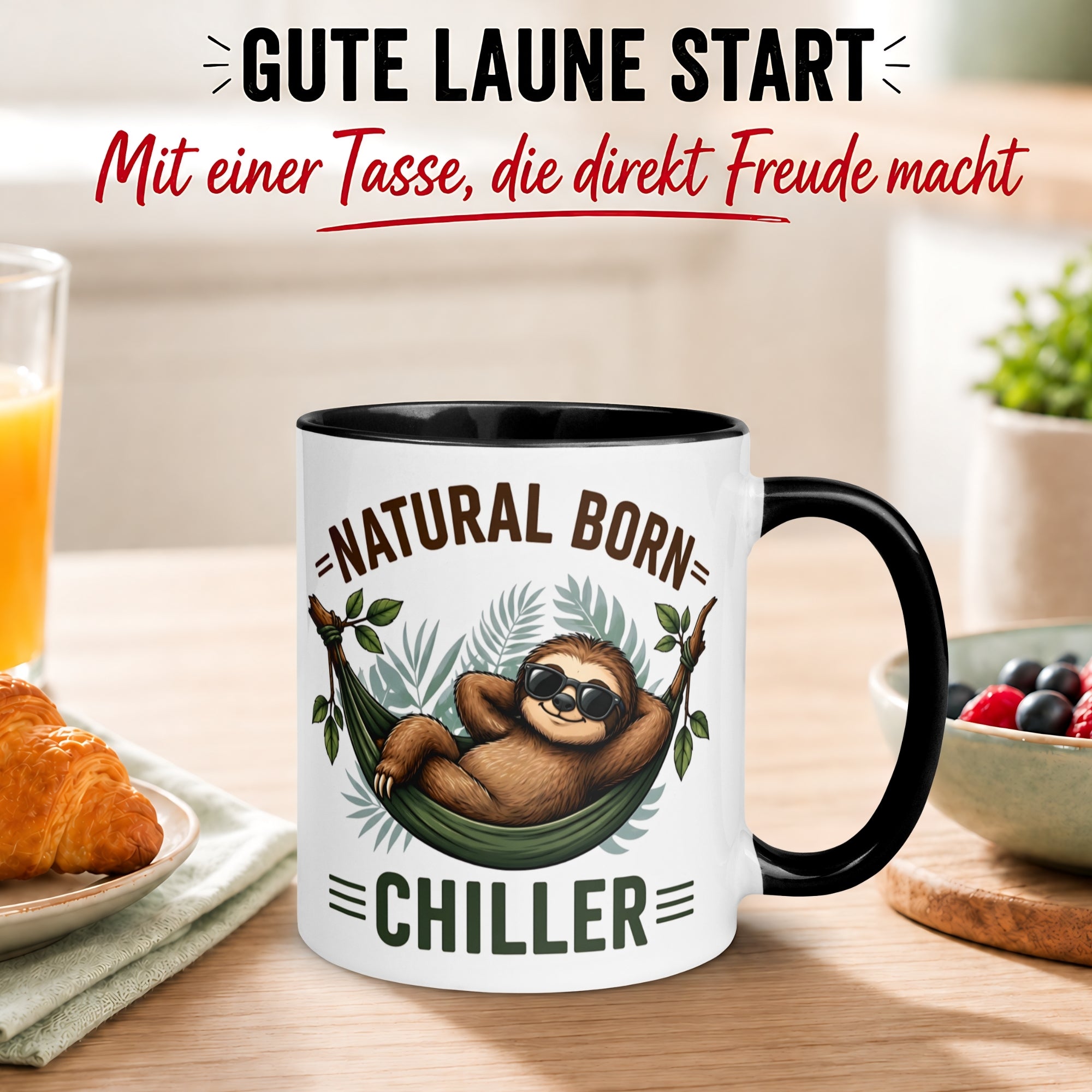 Tasse Faultier – „Natural Born Chiller“ – lustiger Geschenk Becher für Morgenmuffel