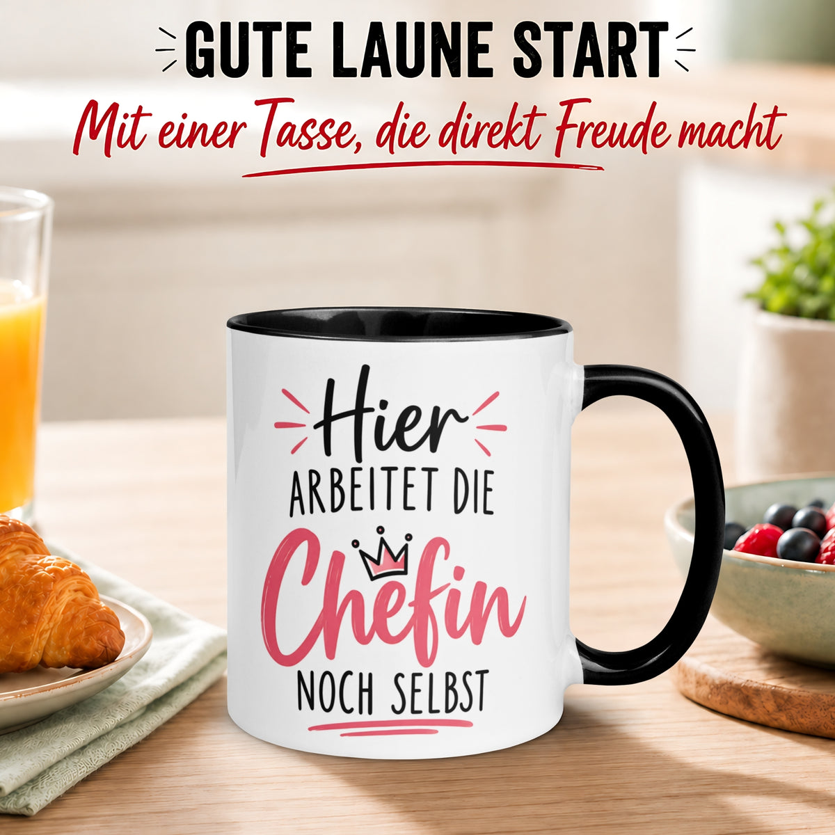 Tasse Chefin – „Hier arbeitet die Chefin noch selbst“ – Geschenk Becher Beste Chefin