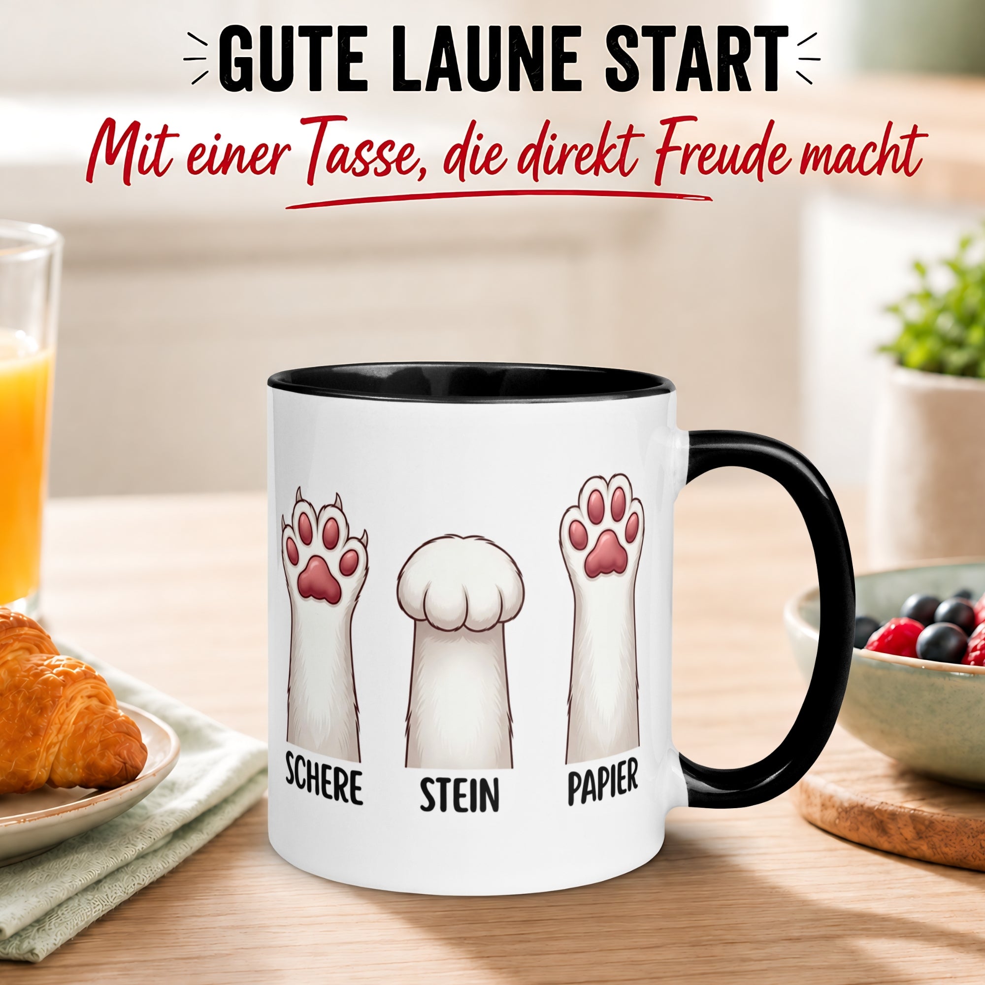 Tasse Katze – „Schere - Stein - Papier“ – lustiger Katzen Geschenk Becher