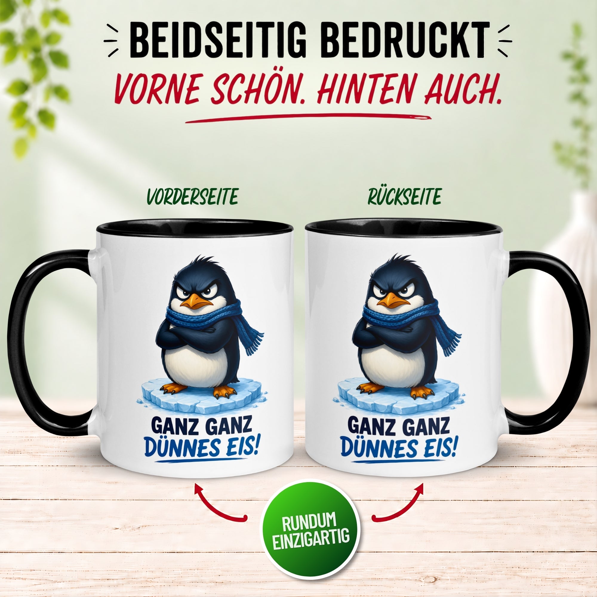 Tasse Pinguin – „Ganz ganz dünnes Eis“ – lustiger Geschenk Becher für Morgenmuffel