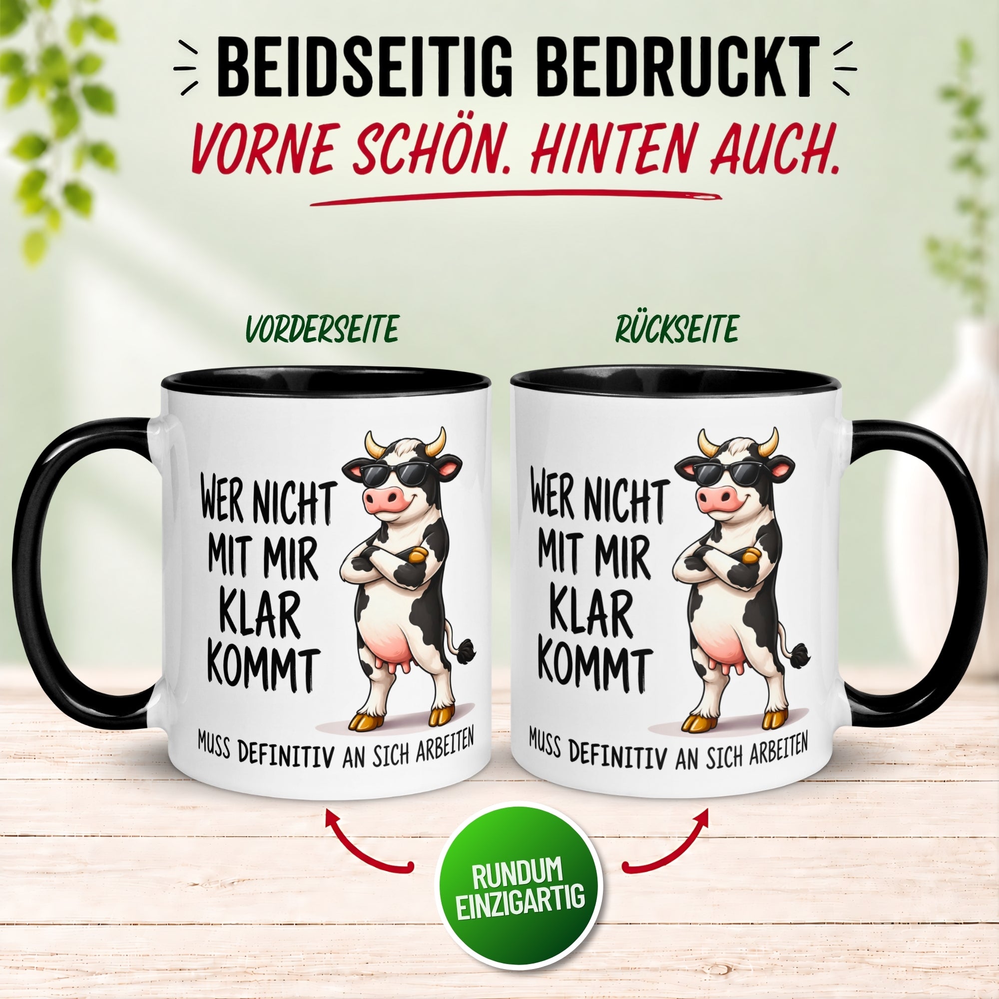 Tasse Kuh – „Wer nicht mit mir klar kommt“ – lustiger Kuh Geschenk Becher