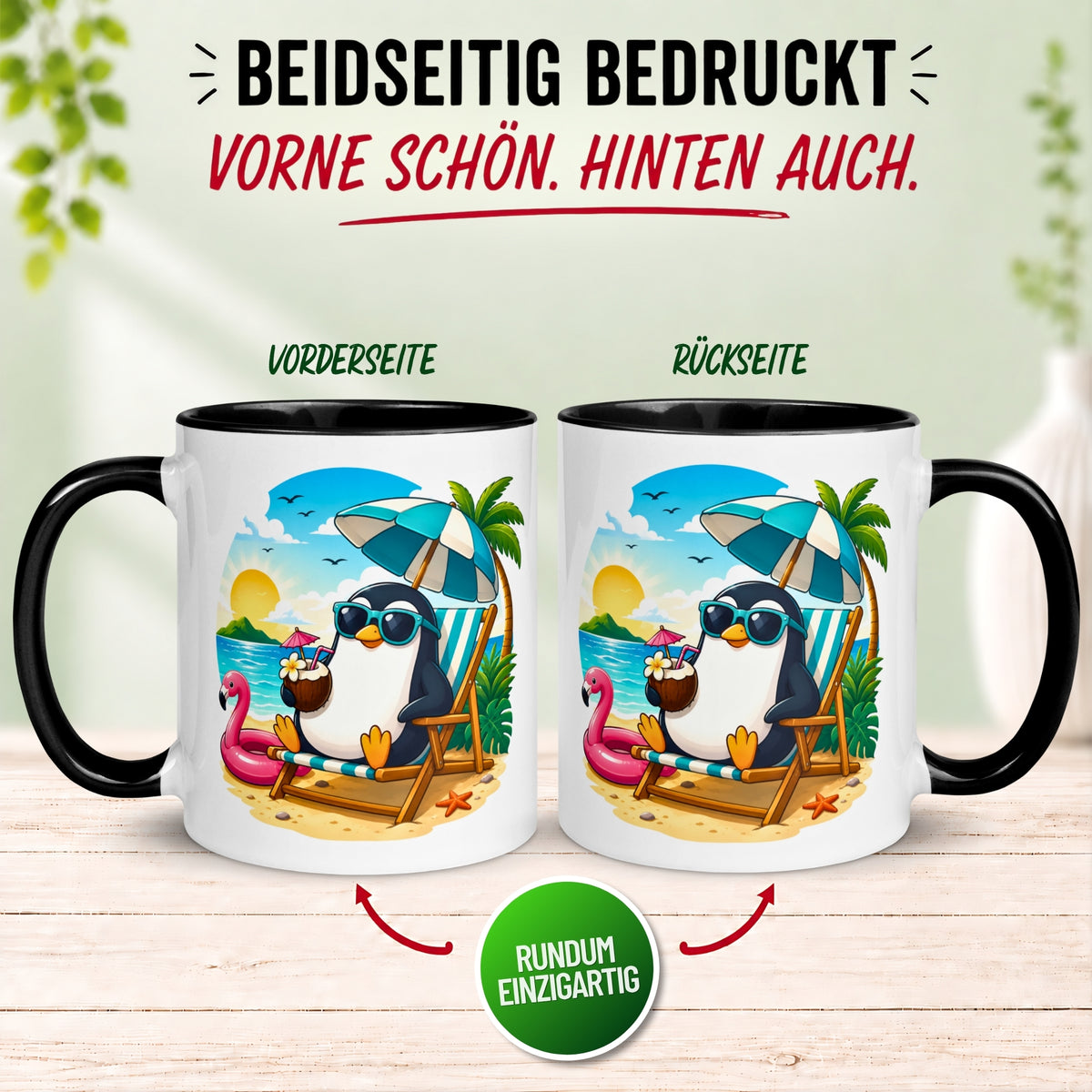 Tasse Pinguin – „Chilliger Pinguin am Strand“ – lustiges Anti Stress Geschenk