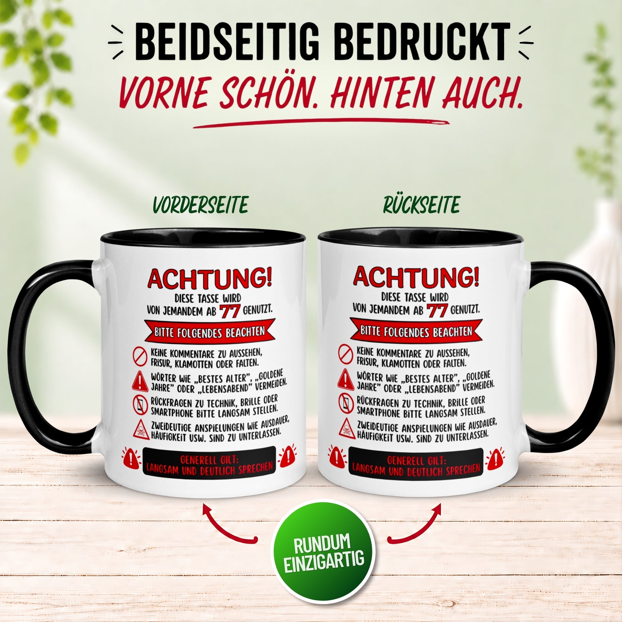 Tasse 77. Geburtstag Mann Frau – „Achtung – Diese Tasse wird von jemandem ab 77 genutzt“ – Geschenk zum Geburtstag Männer Frauen