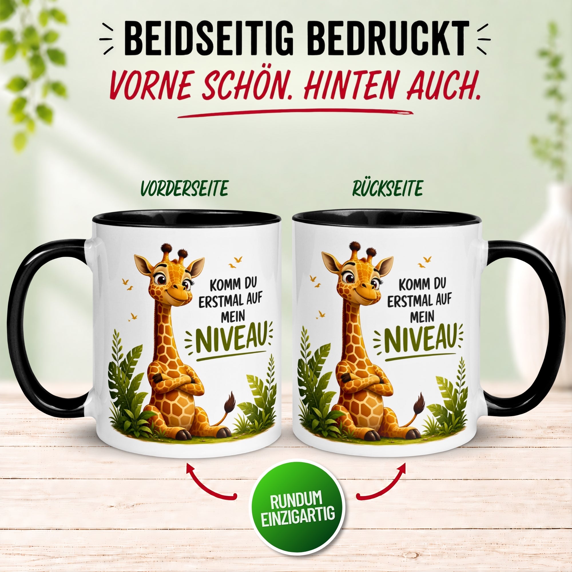 Tasse Giraffe – „Komm du erstmal auf mein Niveau“ – lustiger Giraffen Geschenk Becher