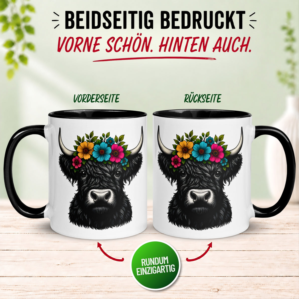 Tasse Kuh – „Highland Rind mit Blumenkranz“ – Geschenk Becher für Rinder Fans