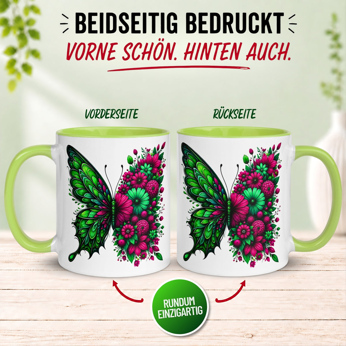 Tasse Schmetterling – „Blütendesign in Smaragdgrün“ – Geschenk mit Schmetterlingen