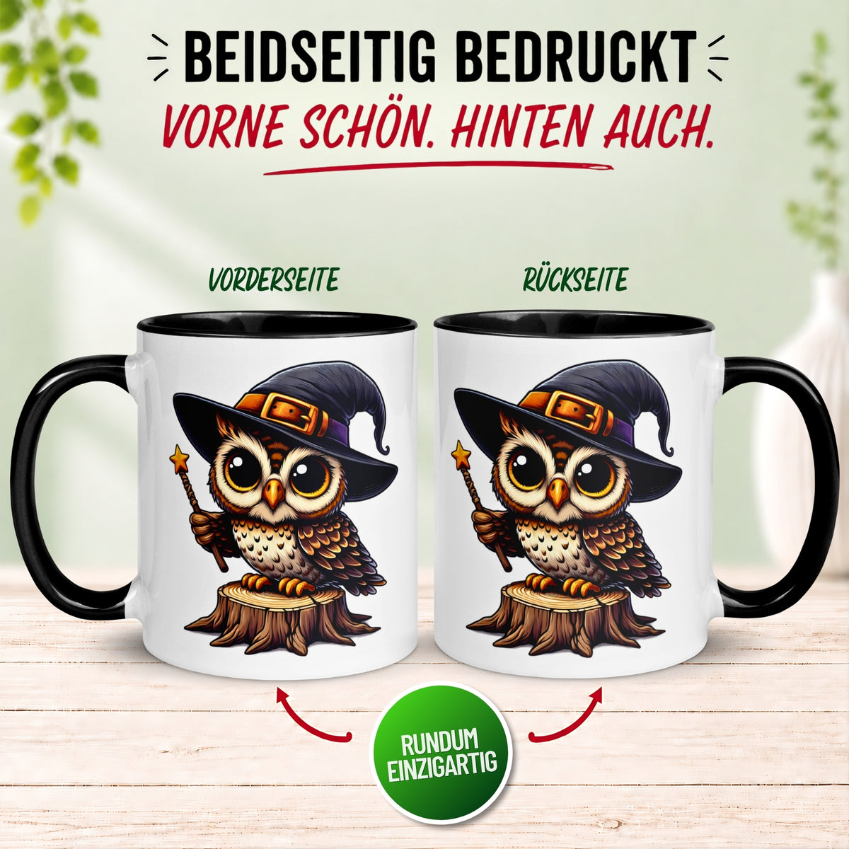 Tasse Eule – „Zauberstab“ – lustiger Eulen Geschenk Becher für Zauberer