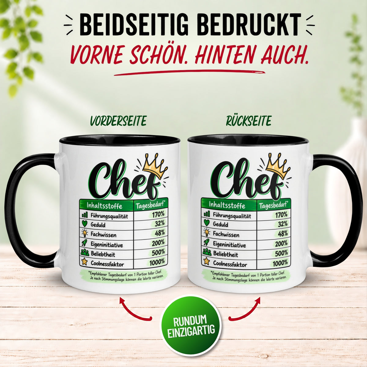 Tasse Chef – „Inhaltsstoffe - Führungsqualität und Coolness“ – Geschenk Bester Chef