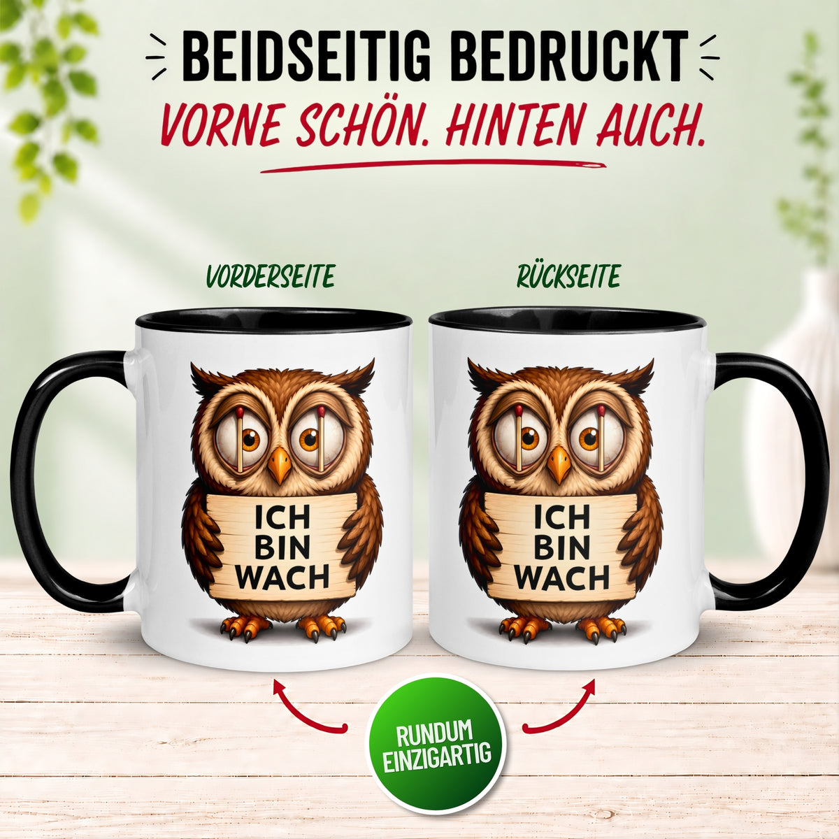 Tasse Eule – „Ich bin wach“ – lustiger Eulen Geschenk Becher für Morgenmuffel
