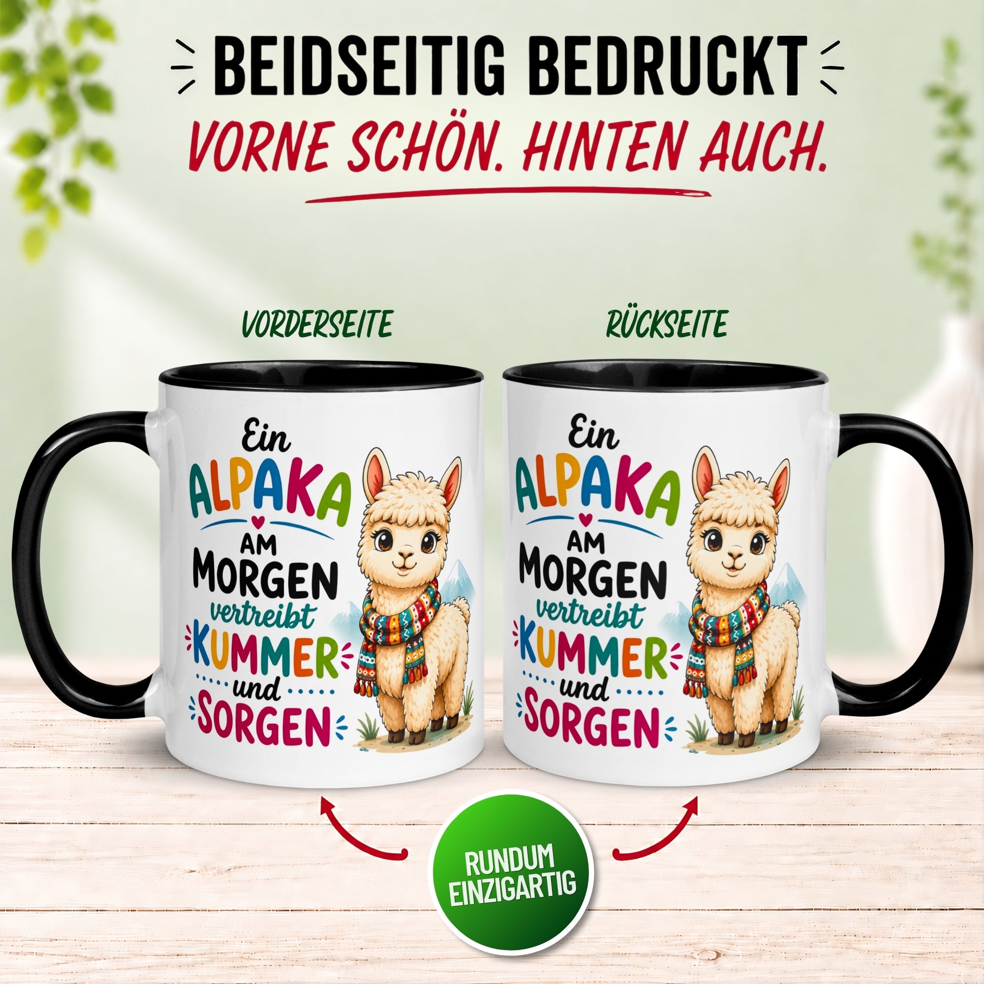 Tasse Alpaka– „Ein Alpaka am Morgen vertreibt Kummer und Sorgen“ – Geschenk Becher