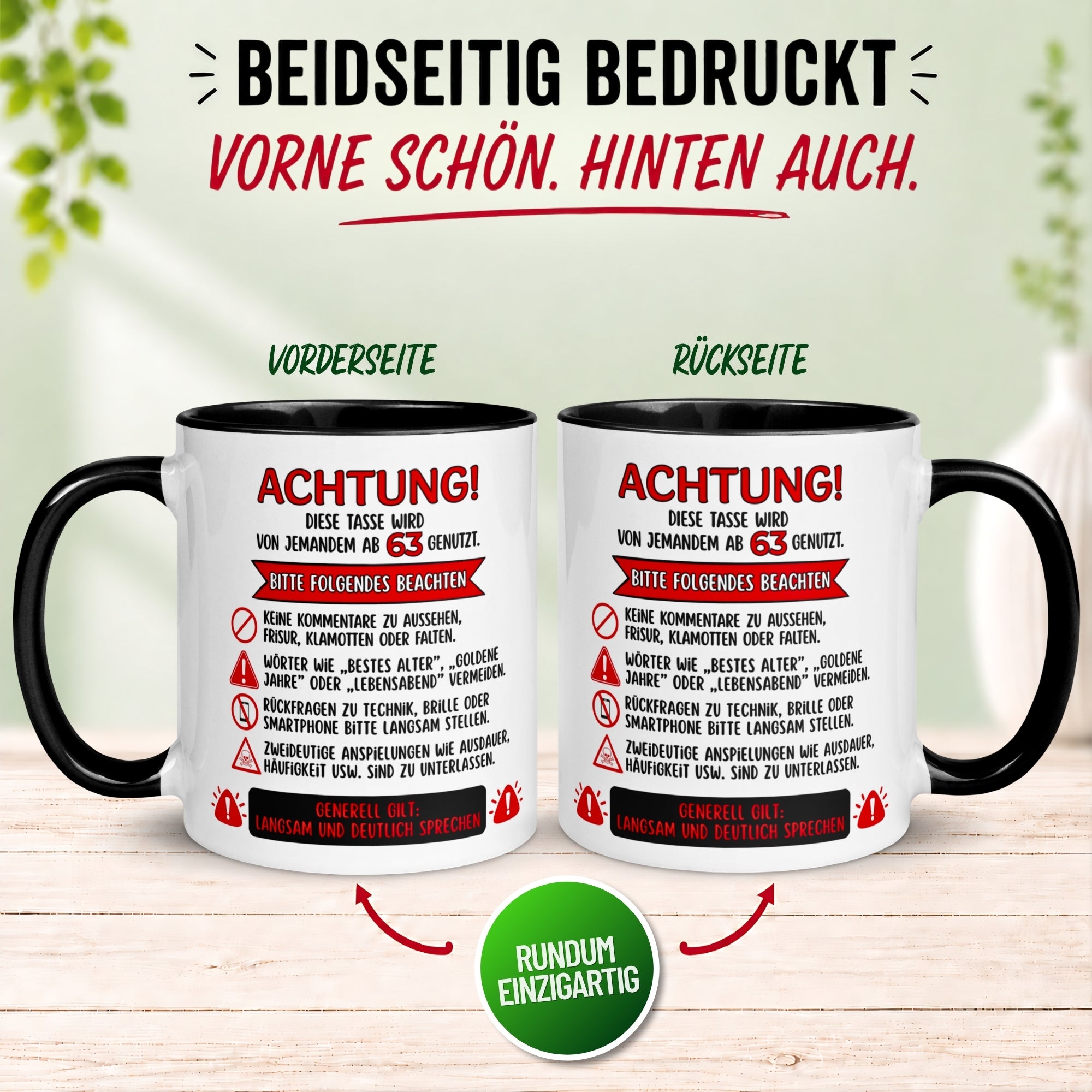 Tasse 63. Geburtstag Mann Frau – „Achtung – Diese Tasse wird von jemandem ab 63 genutzt“ – Geschenk zum Geburtstag Männer Frauen