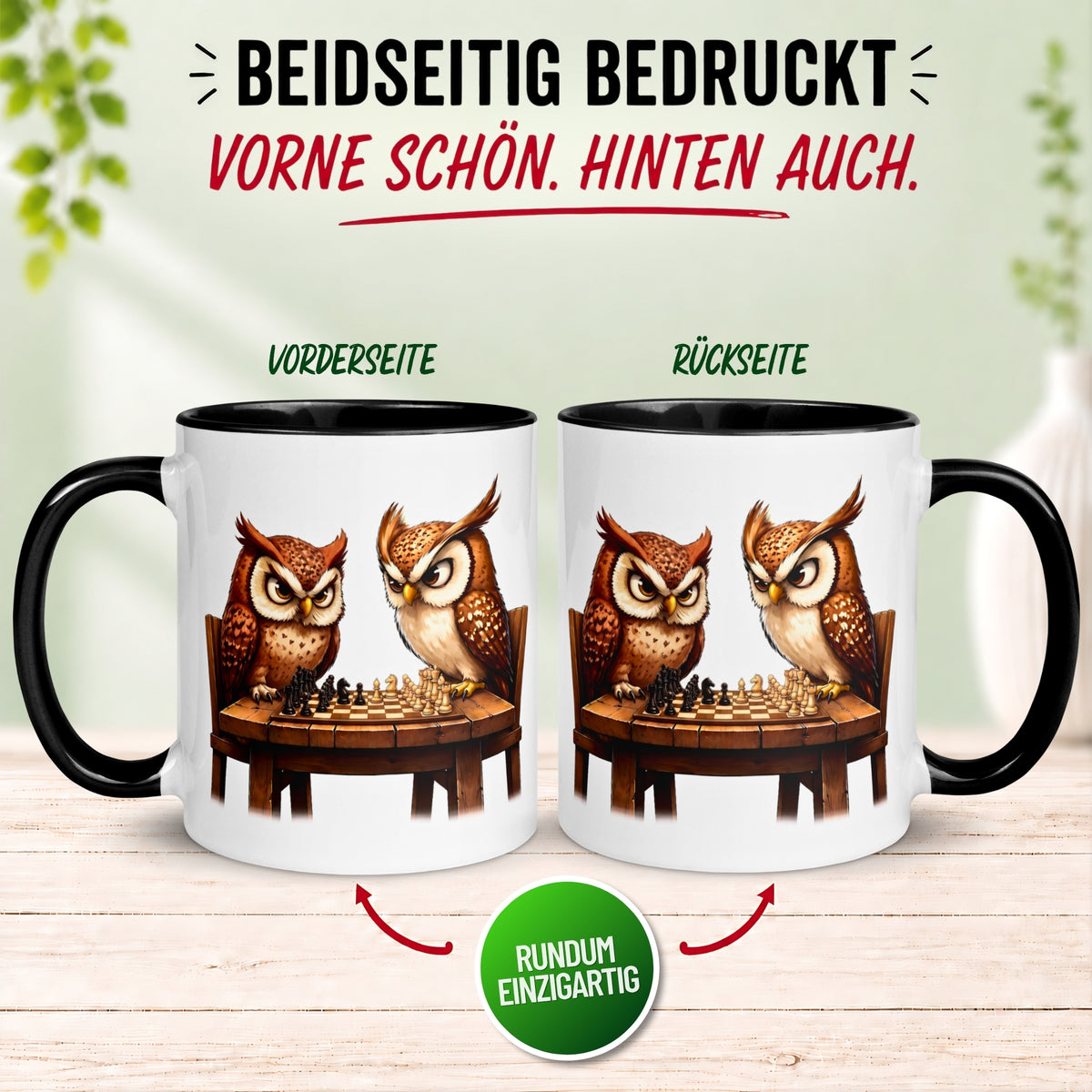 Tasse Eule – „Schachduell“ – lustiger Eulen Geschenk Becher für Schachspieler
