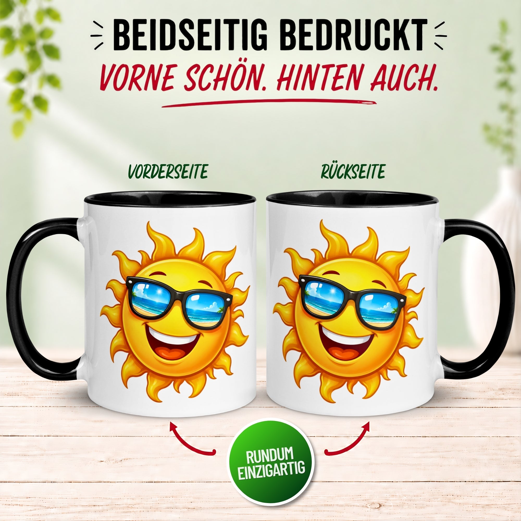 Tasse Guten Morgen – „Strahlende Sonne mit Sonnenbrille“ – Morgenmuffel Geschenk