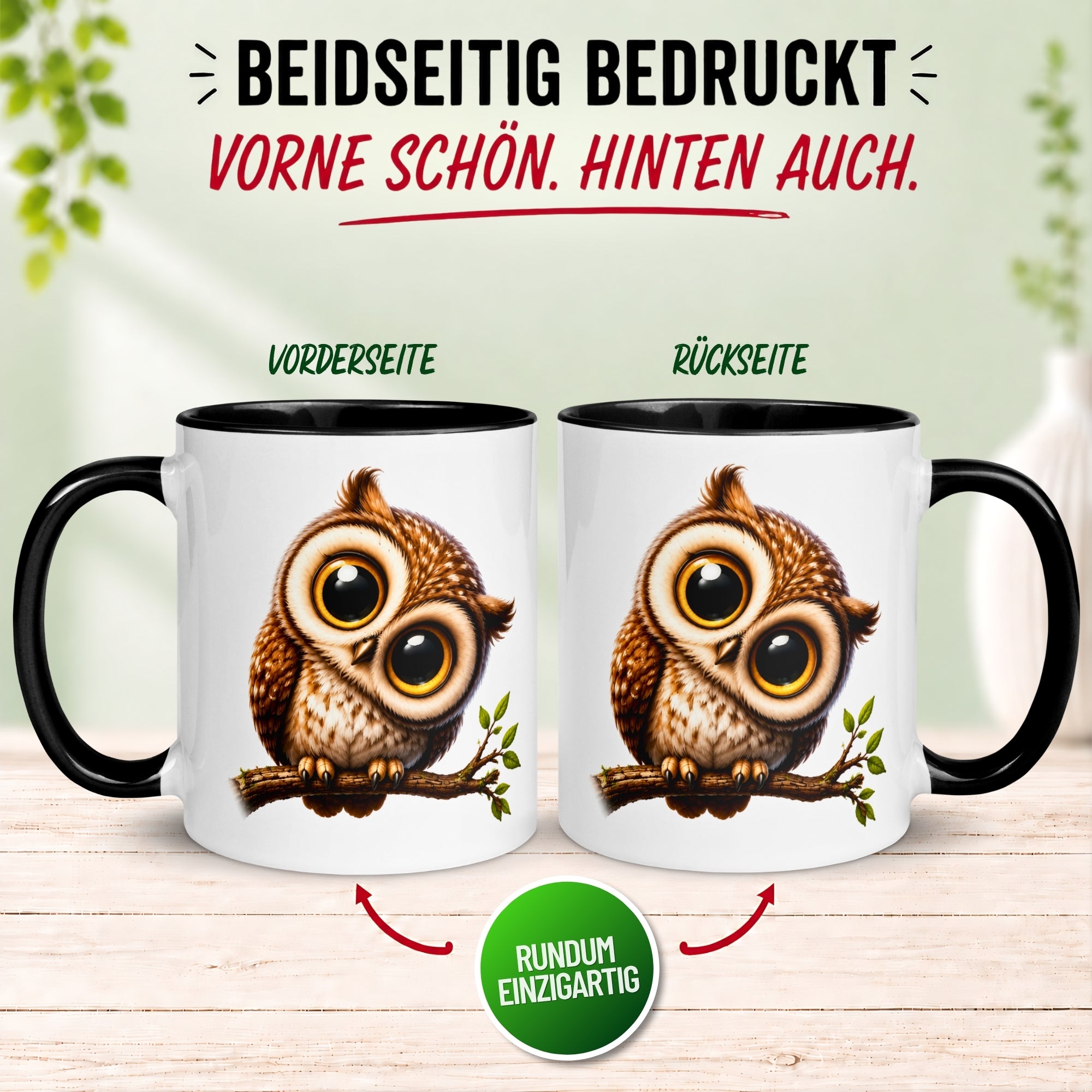 Tasse Eule – „Eule mit großen Augen“ – lustiger Eulen Geschenk Becher