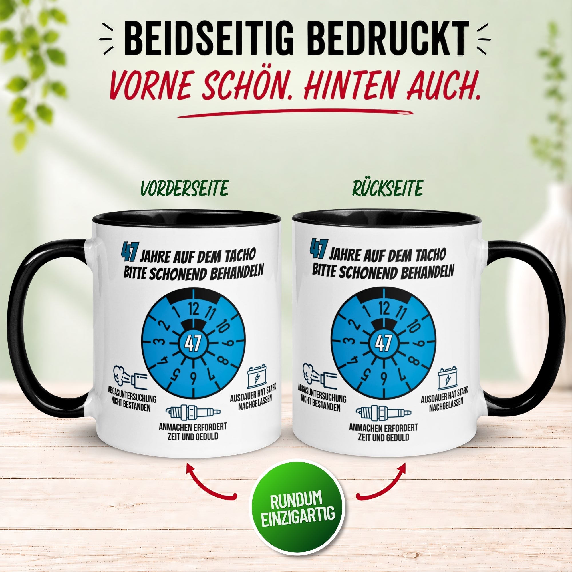 Tasse 47. Geburtstag Mann – „47 Jahre auf dem Tacho - Schonend Behandeln“ – Geschenk zum Geburtstag für Männer