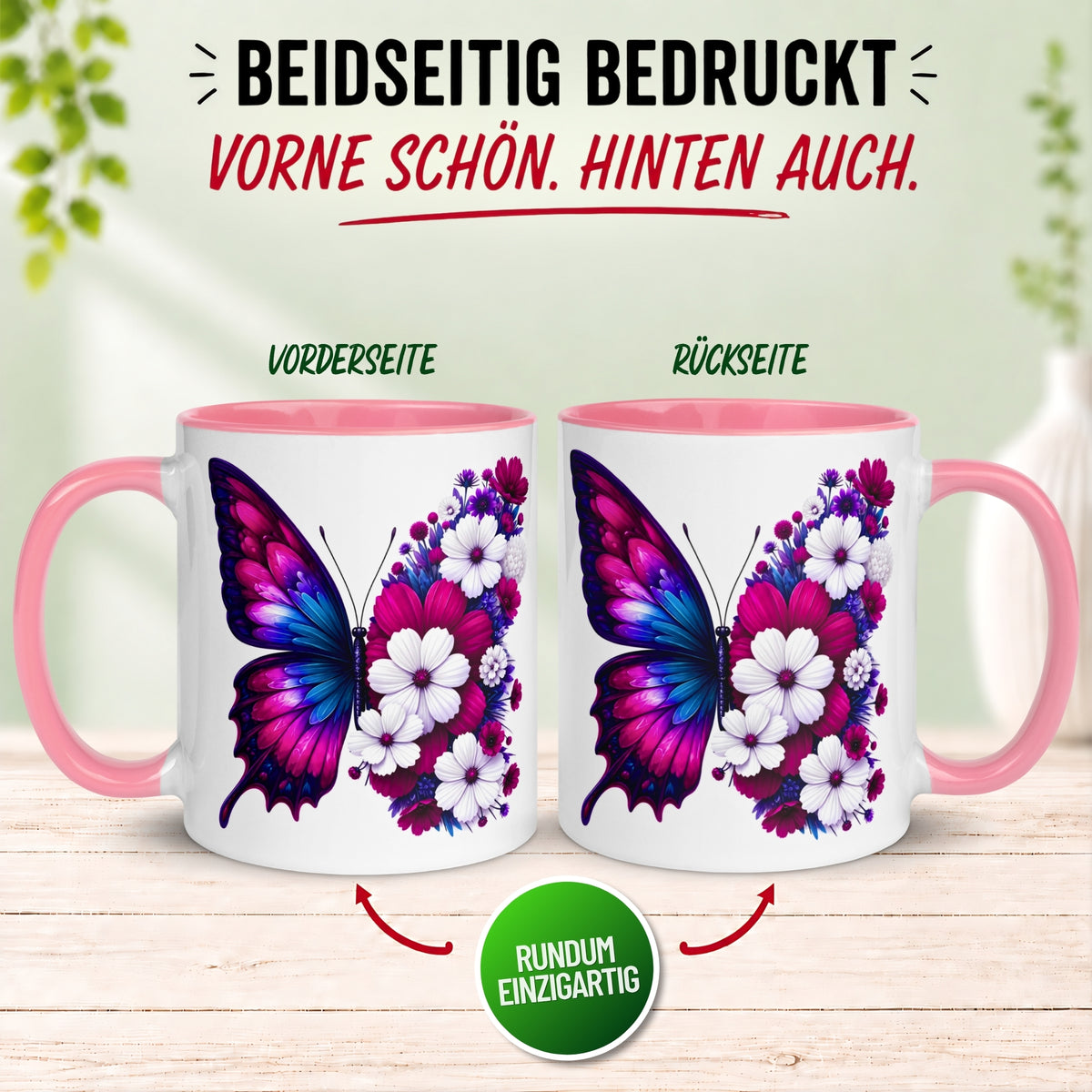 Tasse Schmetterling – „Blütendesign in Fuchsia“ – Geschenk mit Schmetterlingen