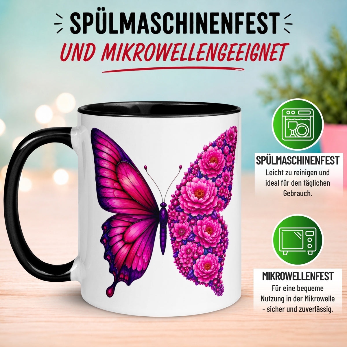 Tasse Schmetterling – „Pinkes Blütendesign“ – Geschenk mit Schmetterlingen