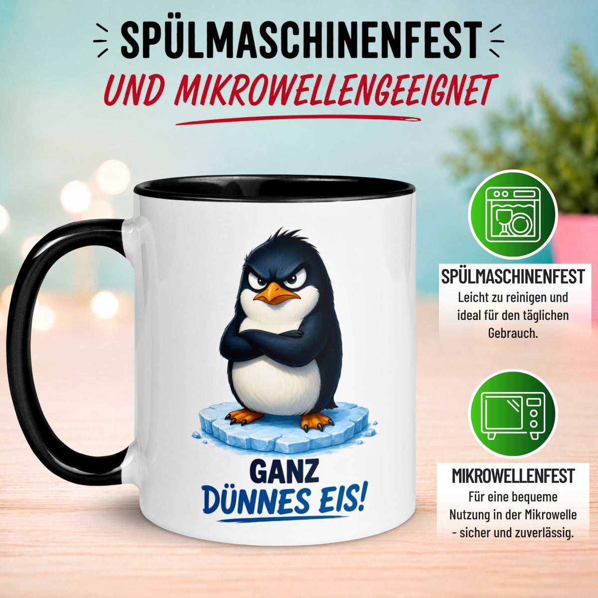 Tasse Pinguin – „Ganz dünnes Eis“ – lustiger Geschenk Becher für Morgenmuffel
