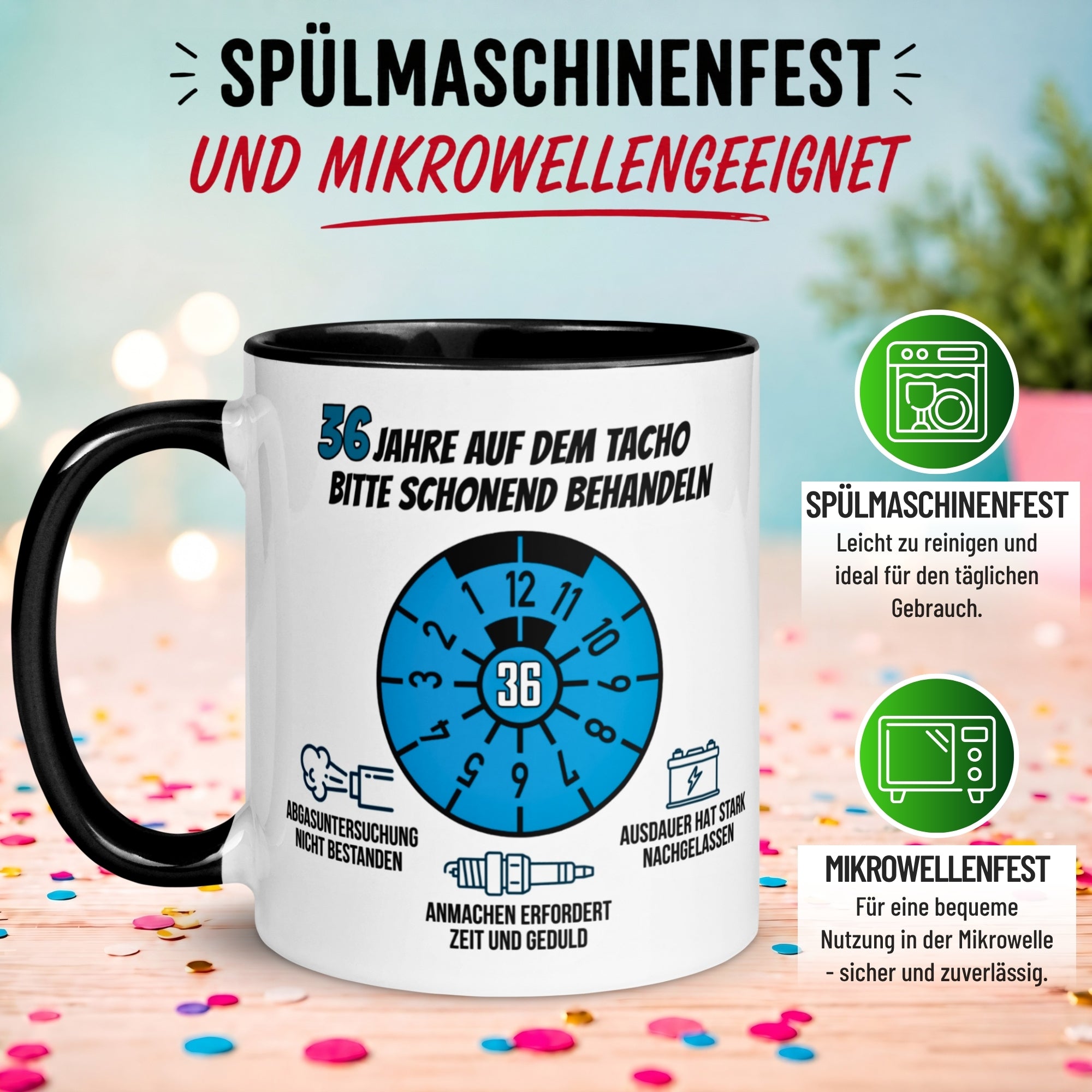 Tasse 36. Geburtstag Mann – „36 Jahre auf dem Tacho - Schonend Behandeln“ – Geschenk zum Geburtstag für Männer