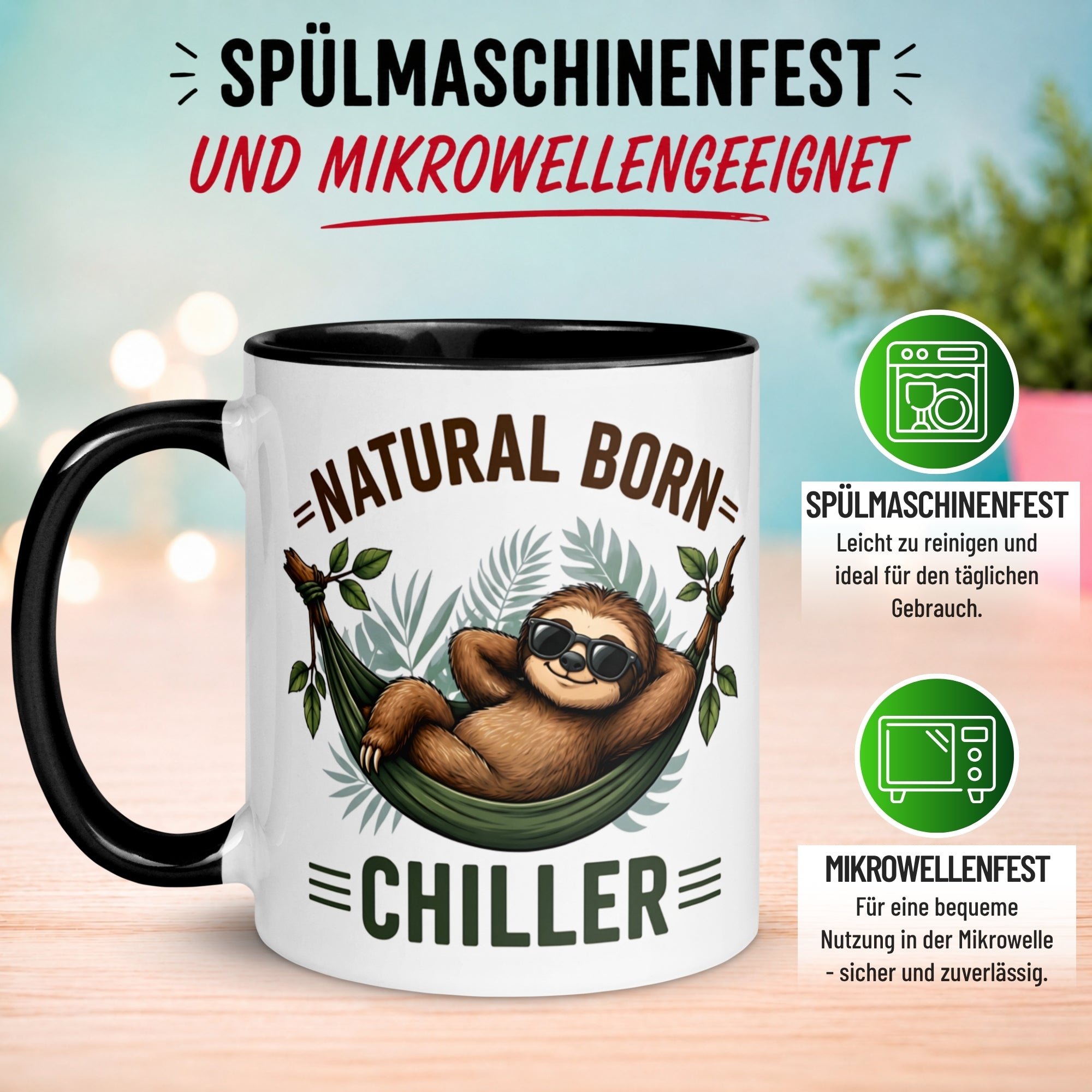 Tasse Faultier – „Natural Born Chiller“ – lustiger Geschenk Becher für Morgenmuffel