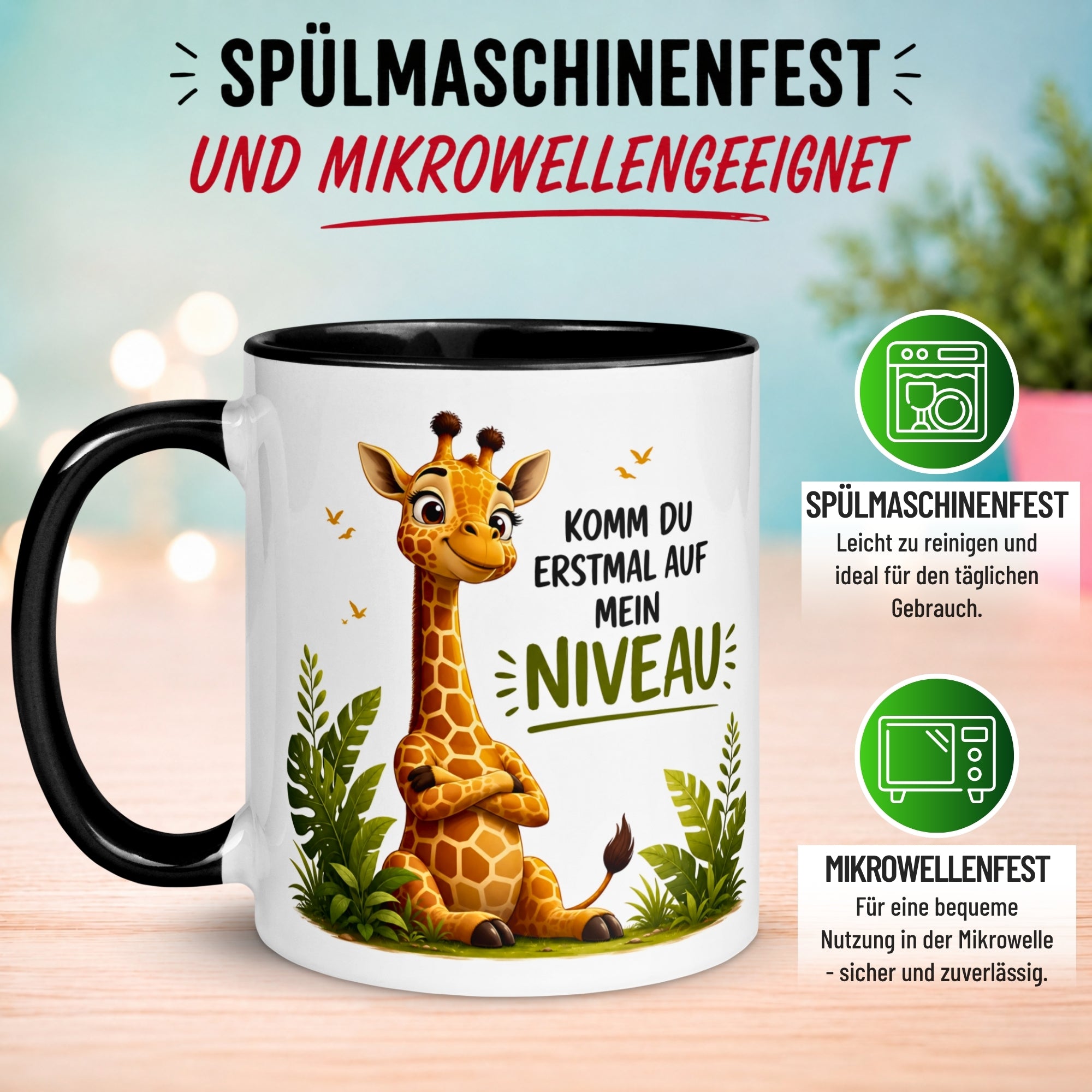 Tasse Giraffe – „Komm du erstmal auf mein Niveau“ – lustiger Giraffen Geschenk Becher