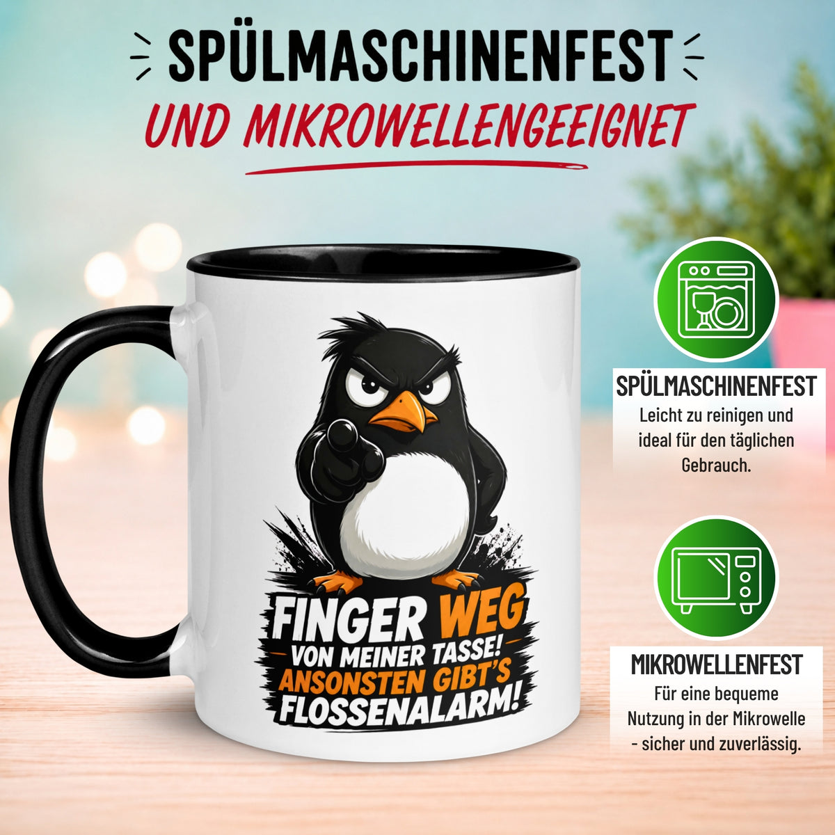 Tasse Pinguin – „Finger weg - Ansonsten Flossenalarm“ – lustiges Morgenmuffel Geschenk