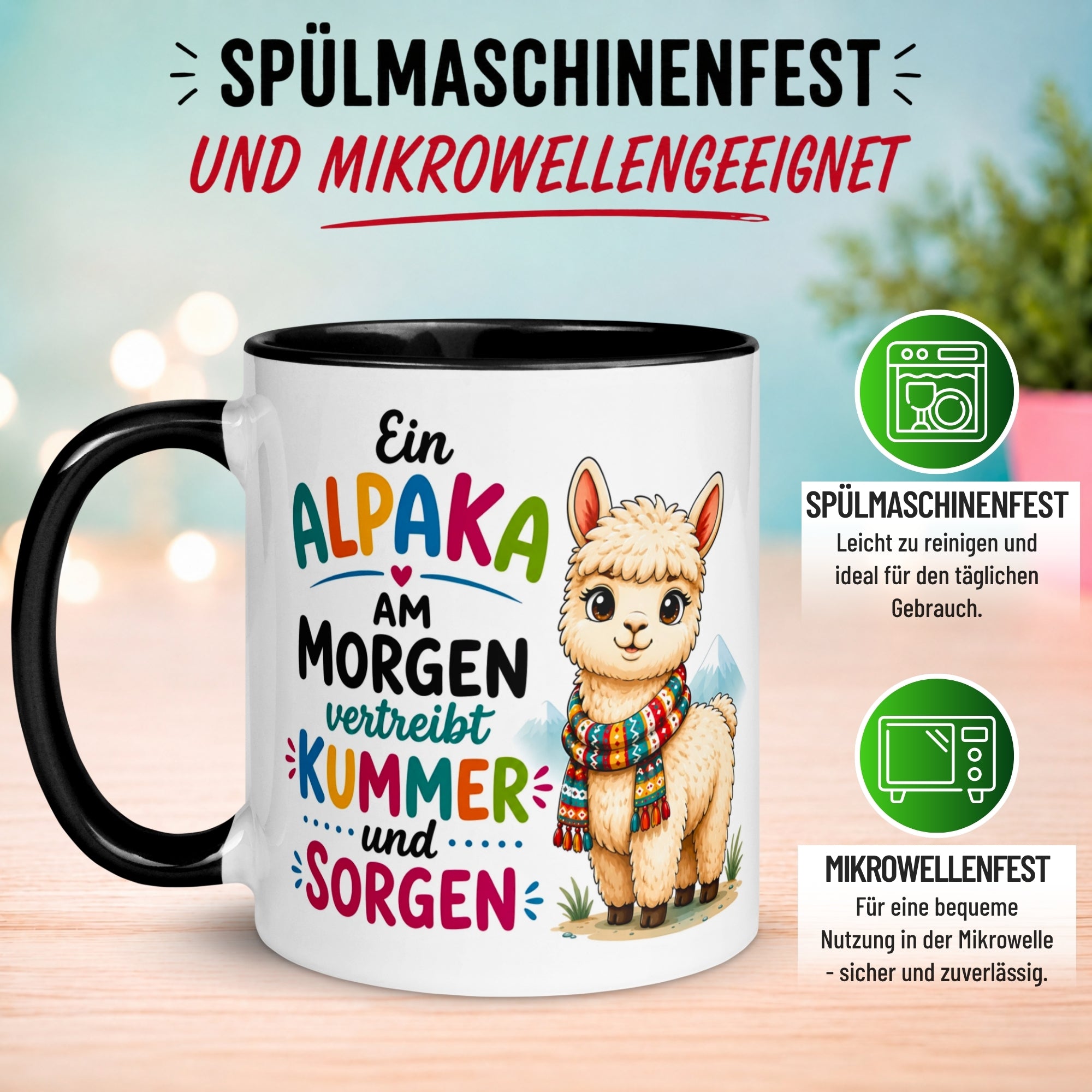 Tasse Alpaka– „Ein Alpaka am Morgen vertreibt Kummer und Sorgen“ – Geschenk Becher