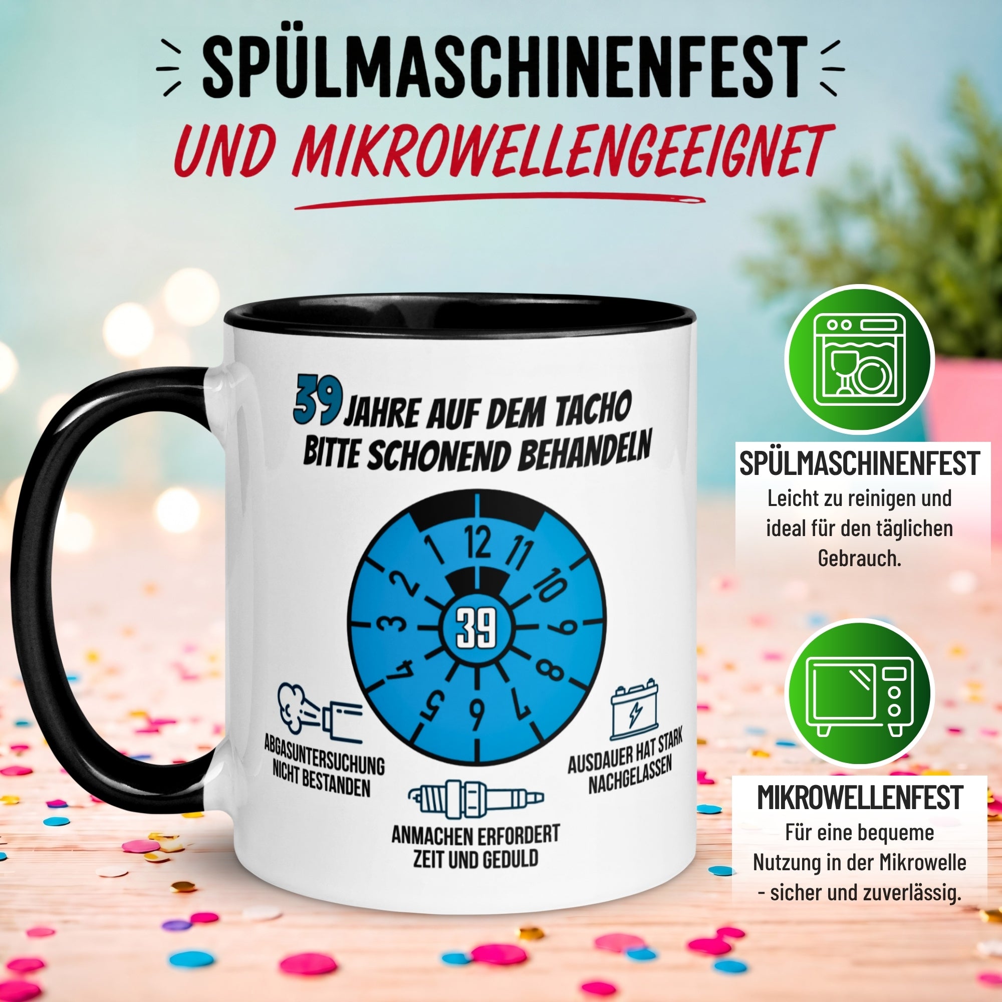 Tasse 39. Geburtstag Mann – „39 Jahre auf dem Tacho - Schonend Behandeln“ – Geschenk zum Geburtstag für Männer