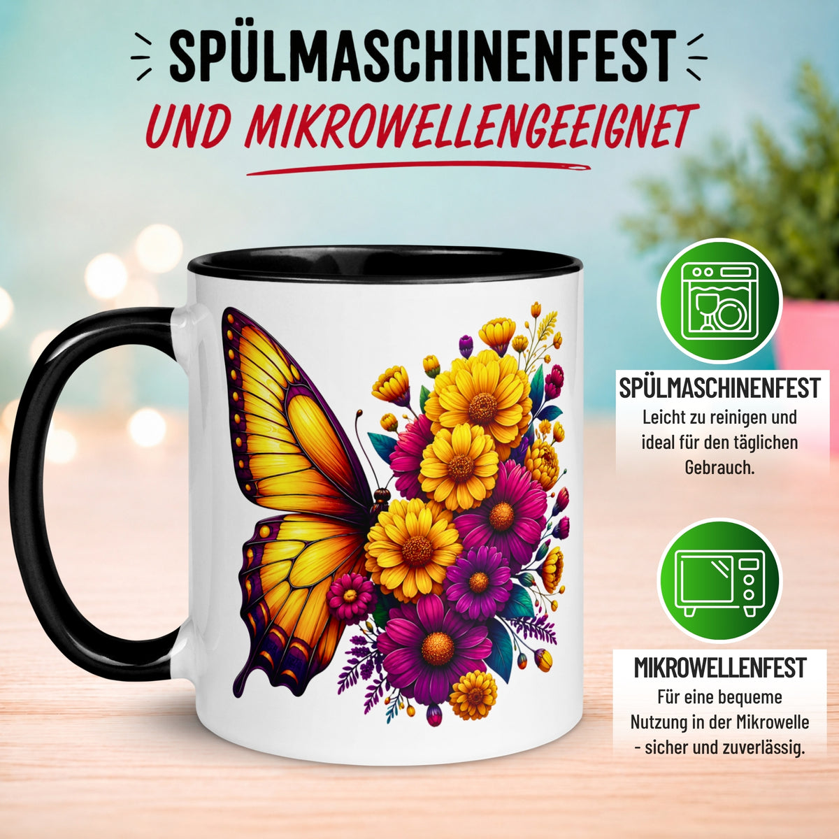 Tasse Schmetterling – „Blütendesign in Gelb“ – Geschenk mit Schmetterlingen