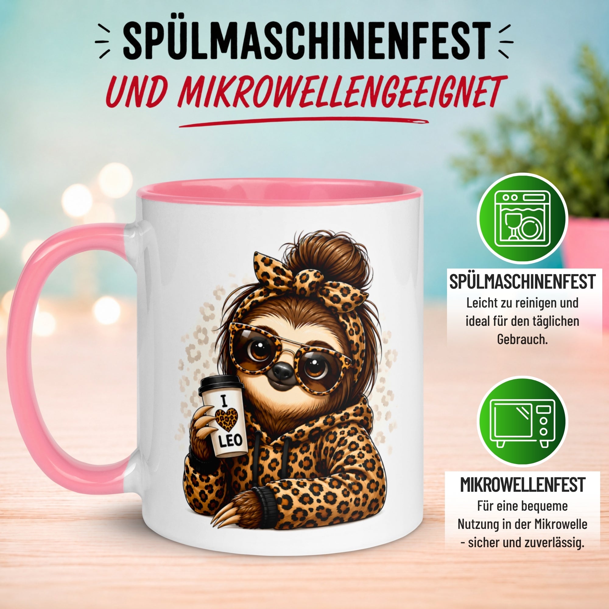 Tasse Faultier – „Leoparden Style“ – lustiger Geschenk Becher für Frauen