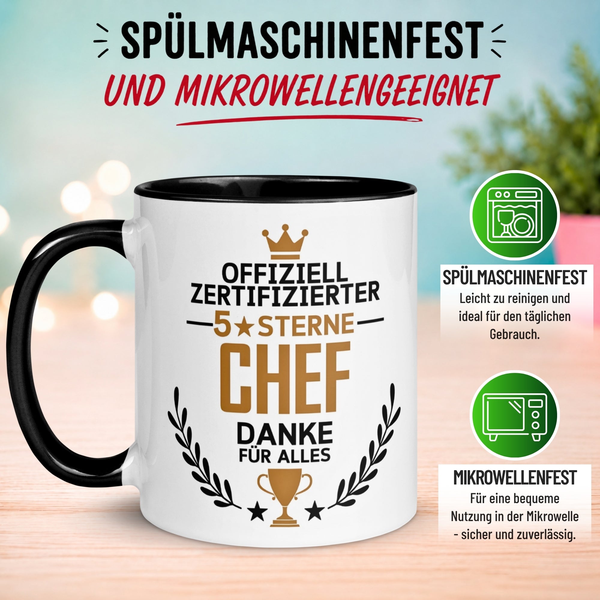 Tasse Chef – „Offiziell Zertifizierter 5 Sterne Chef - Danke für alles“ – Geschenk Becher