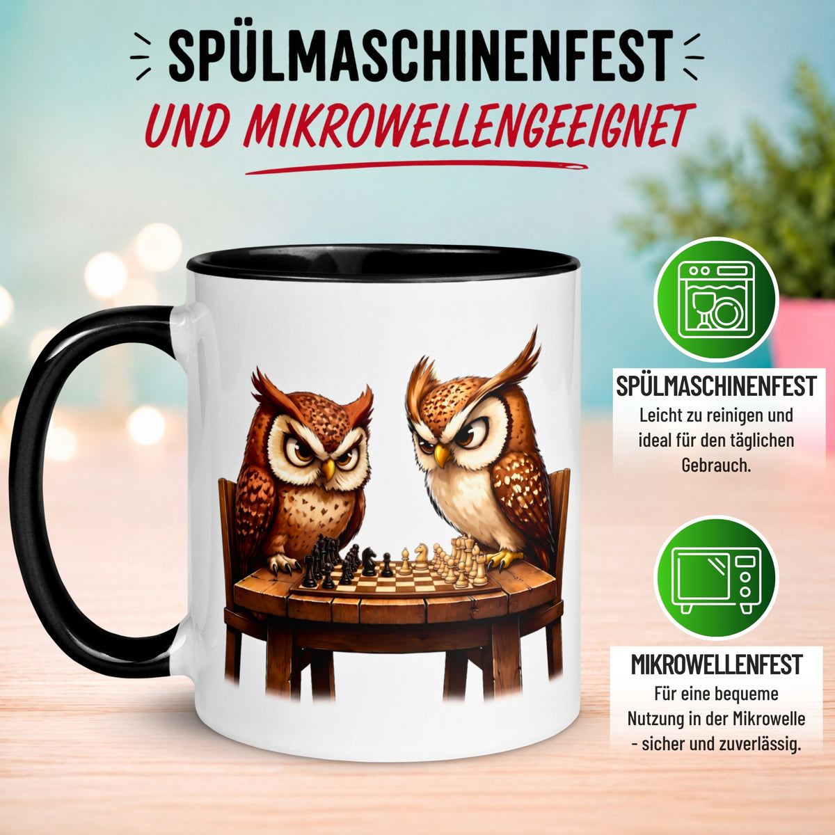 Tasse Eule – „Schachduell“ – lustiger Eulen Geschenk Becher für Schachspieler