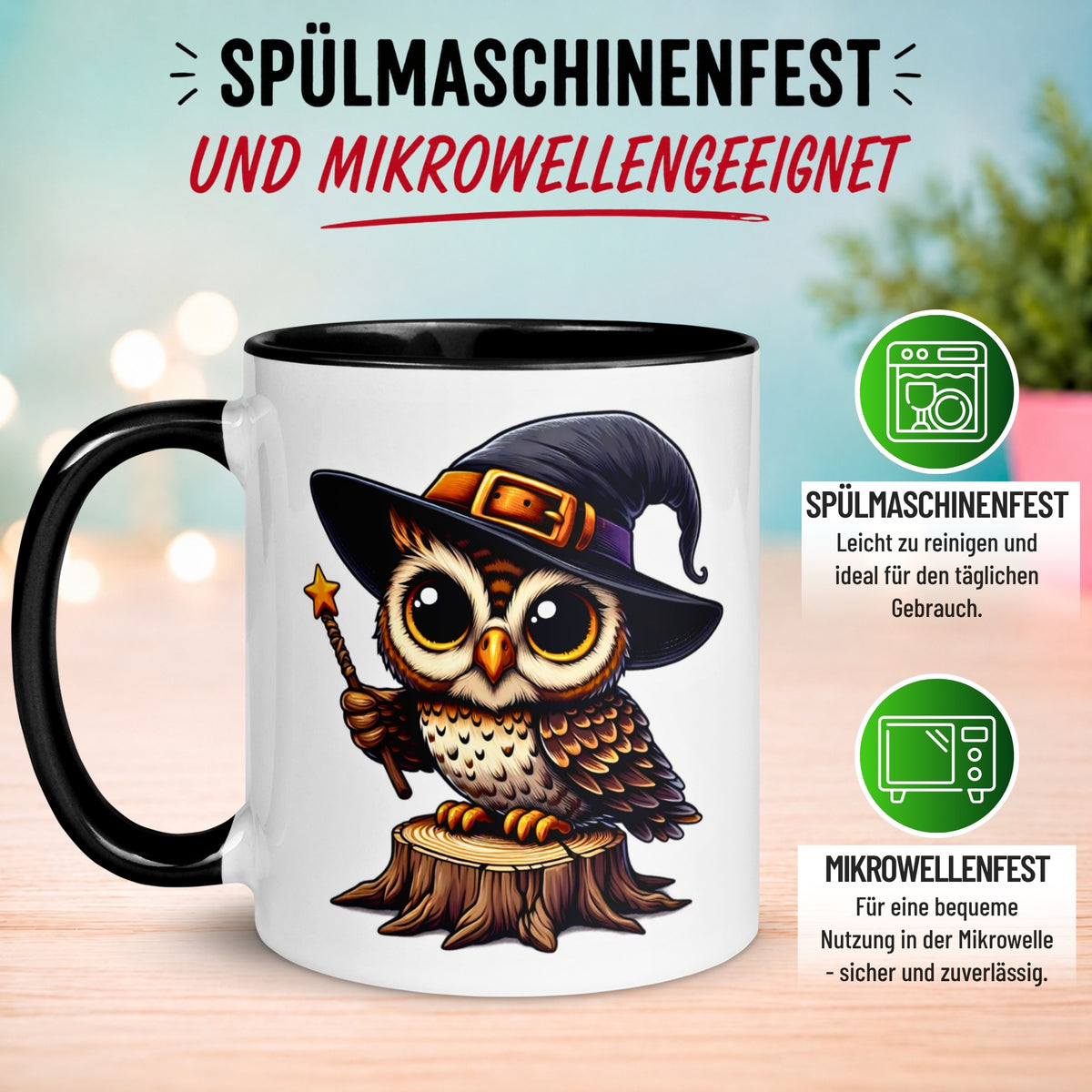 Tasse Eule – „Zauberstab“ – lustiger Eulen Geschenk Becher für Zauberer