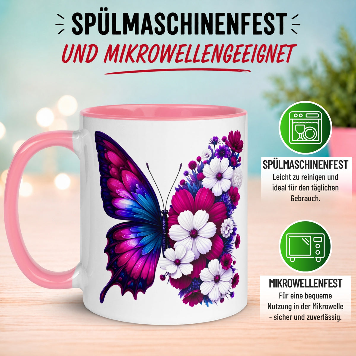 Tasse Schmetterling – „Blütendesign in Fuchsia“ – Geschenk mit Schmetterlingen