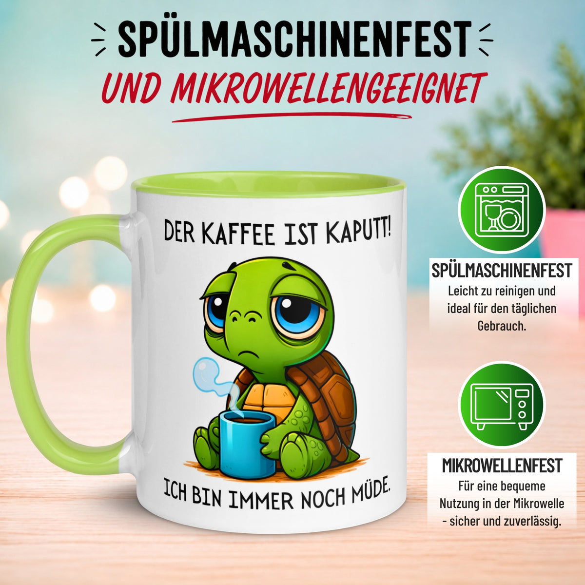Tasse Schildkröte – „Der Kaffee ist kaputt“ – lustiges Morgenmuffel Geschenk