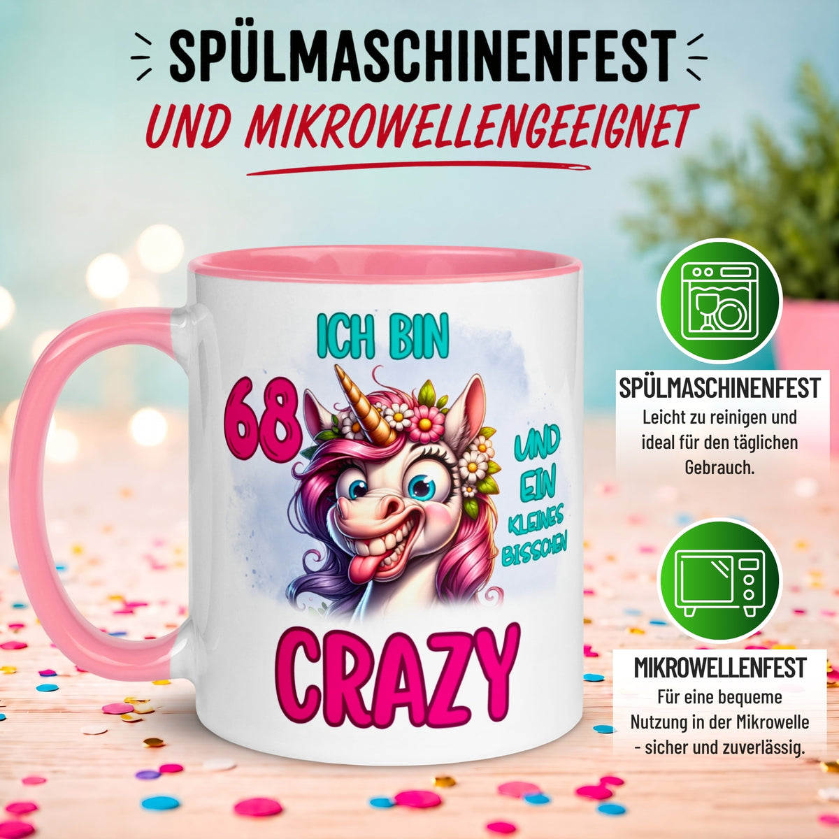 Tasse 68. Geburtstag Frau – „Ich bin 68 und ein kleines bisschen Crazy“ – Geschenk zum Geburtstag Frauen